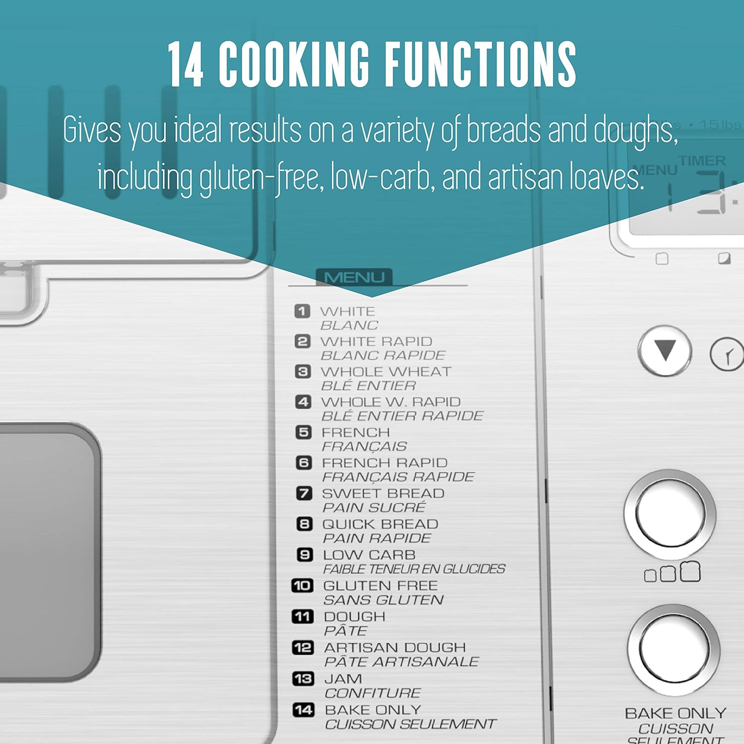 Close-up of the Breadman bread maker's control panel showing 14 cooking functions listed.