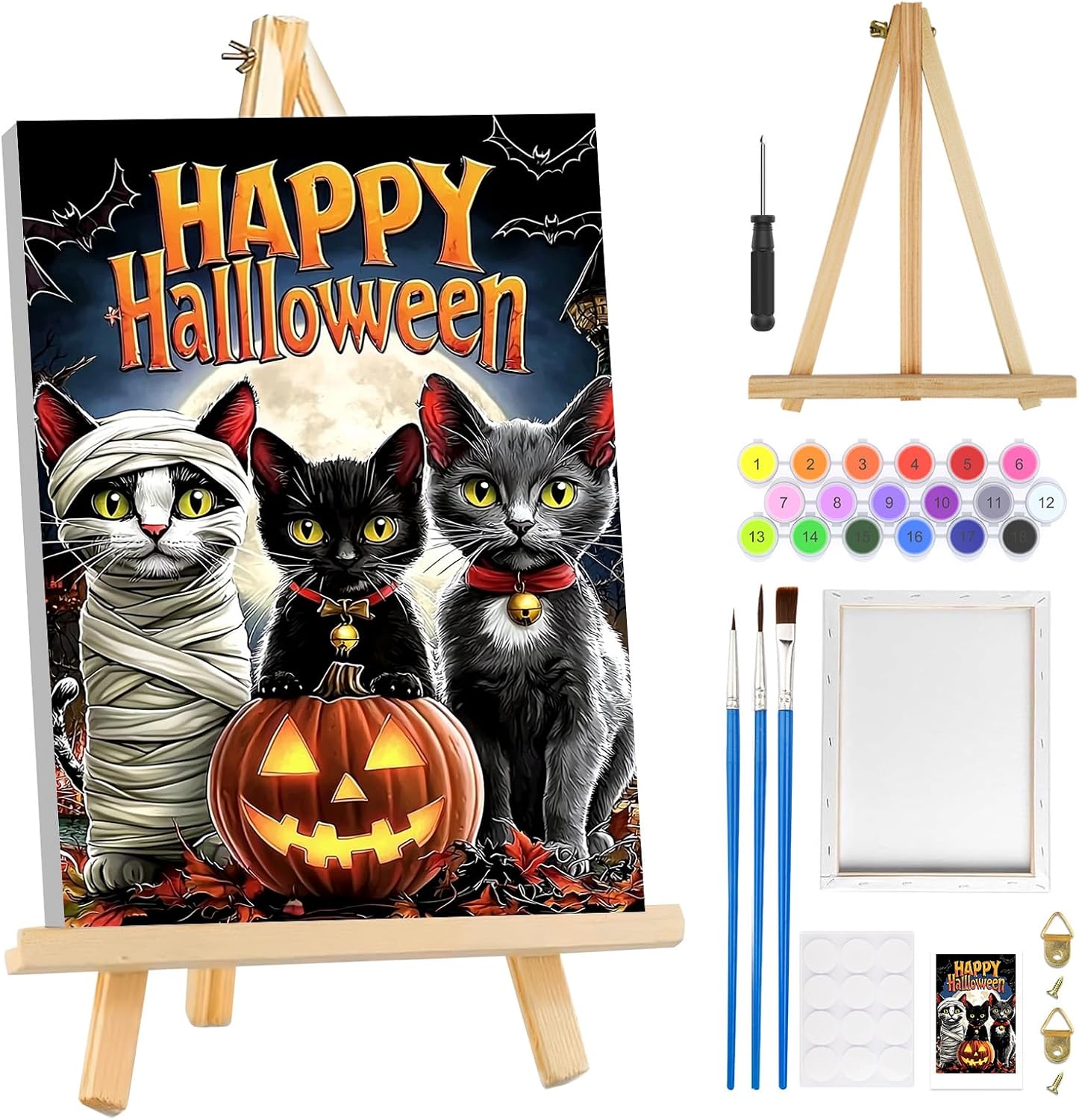 MOGTAA Halloween Paint by Numbers Kit for Adults Beginners with Frame, Cat Adult Paint by Number Kits on Canvas with Easel, Easy DIY Pumpkin Oil Painting Kits for Home Decor, 8x12in