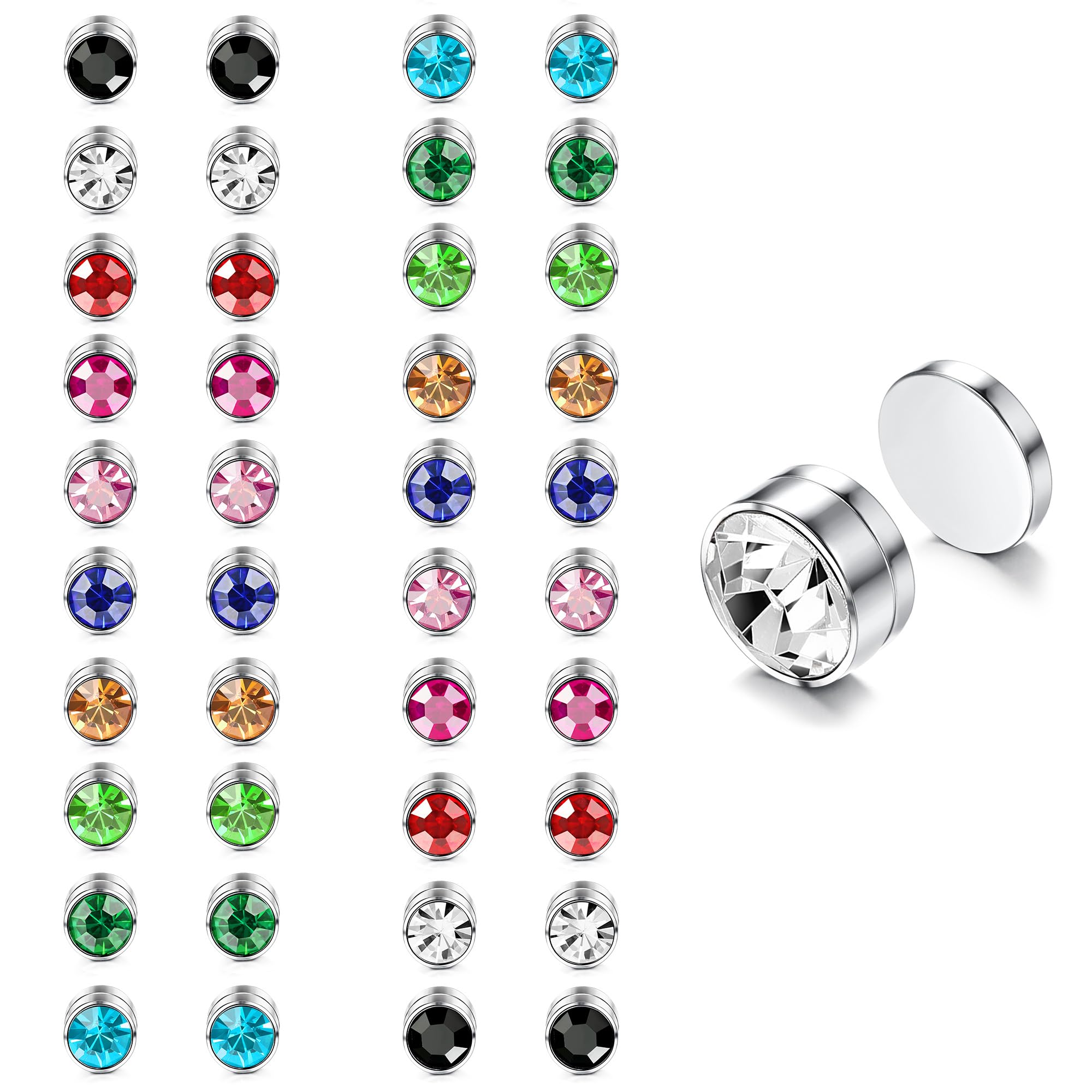 Finrezio 20 Pares Conjunto de Aretes Hombres Mujeres Colorido Cristal Pendientes Magneticos No Perforado Piercing 6 mm Pendientes Falsos