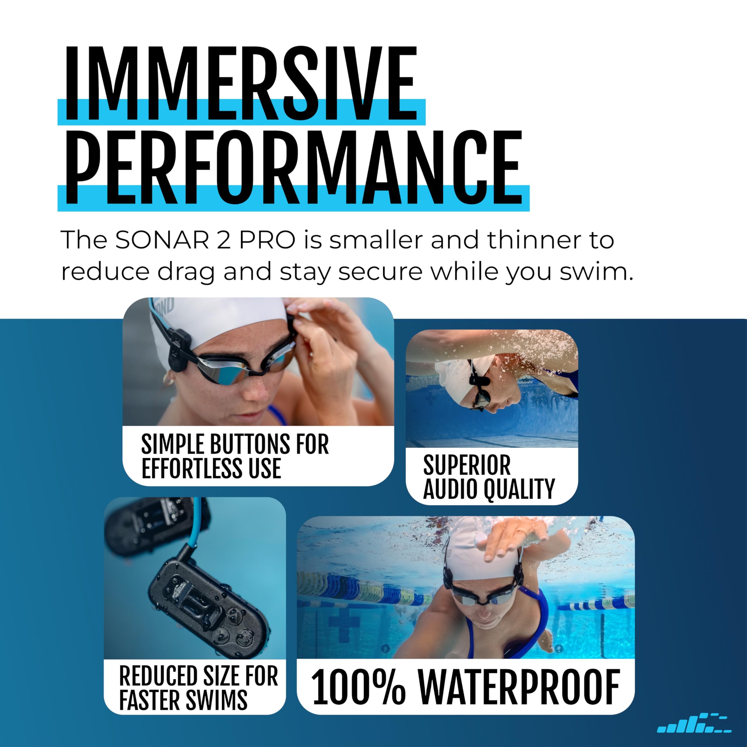 H2O Audio Sonar 2 Pro Casque étanche à conduction osseuse pour la natation – Casque sous-marin étanche IPX8 – Lecteur MP3 avec Playlist + application pour streaming Bluetooth – Autonomie de la
