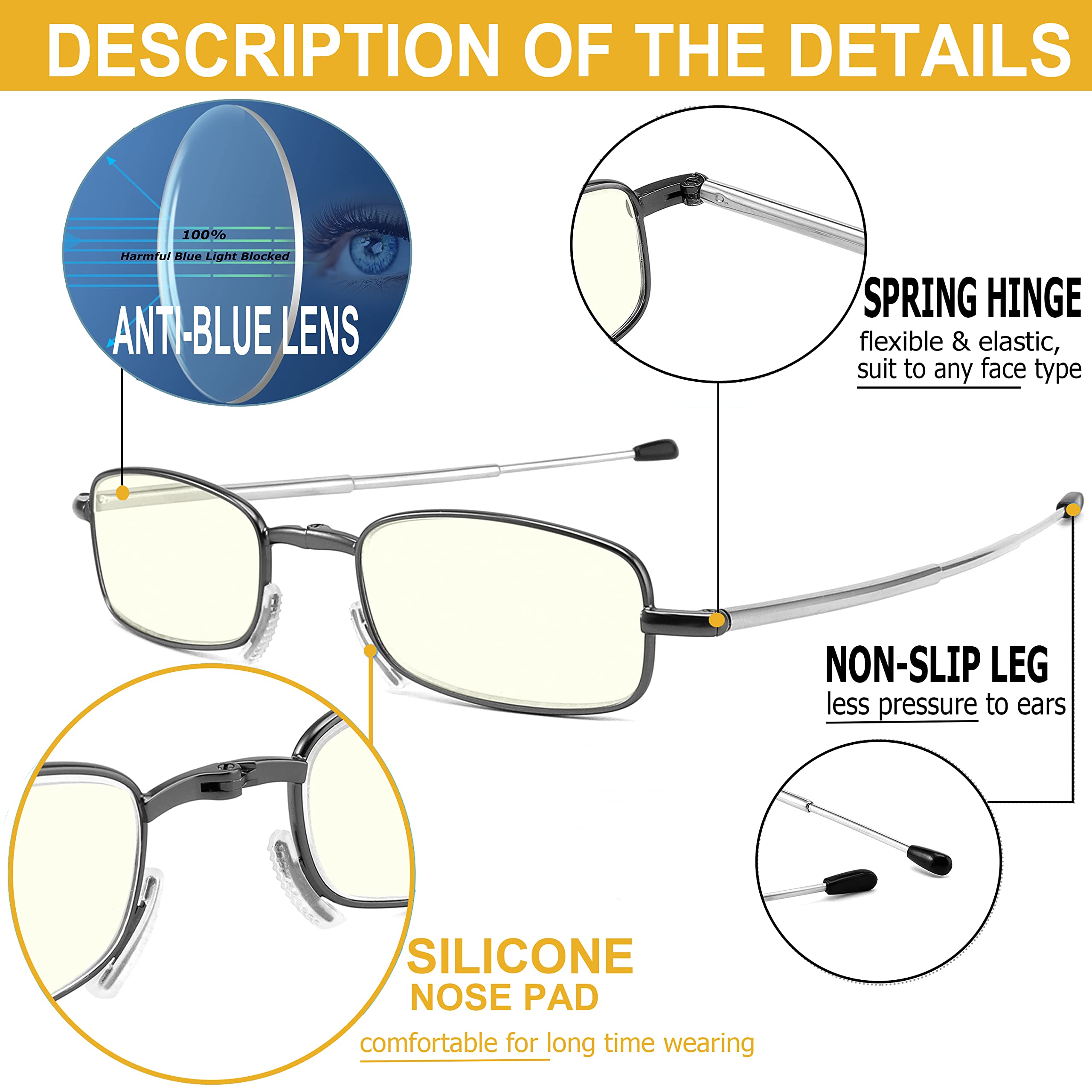 Faltbare Lesebrille, blaues Licht, weiches Nasenpolster, Federscharnier, tragbar, dünne Lesebrille, für Männer und Frauen, 3 Stück