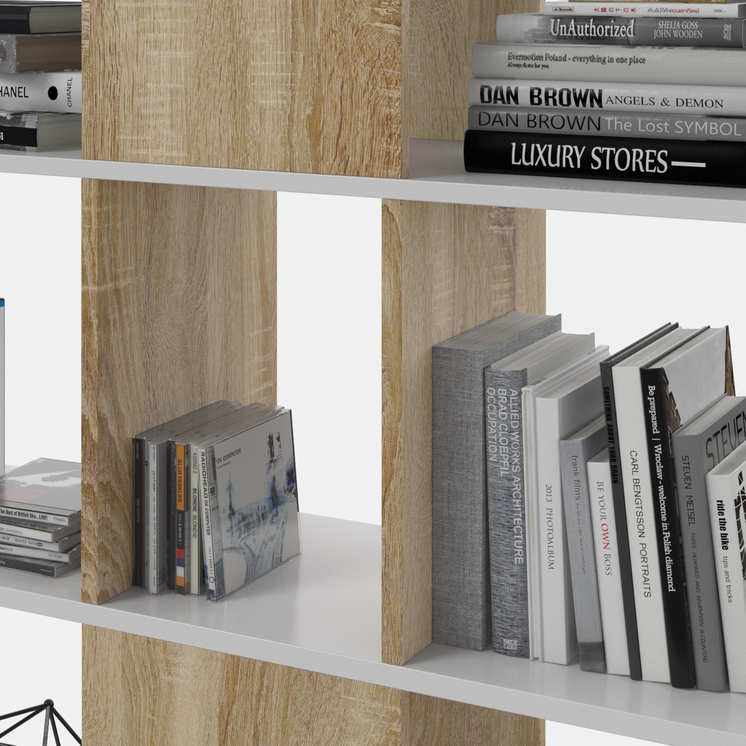 duehome | Estantería Librería, Salón, Comedor o Despacho, Modelo Domi, Acabado en Blanco Artik y Roble Canadian, Medidas: 145 cm (Alto) x 145 cm (Ancho) x 28 cm (Fondo)