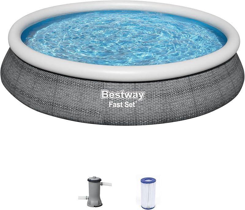 Bestway Fast Set 15' x 33" Round Inflatable Outdoor Above Ground Swimming Pool Set with 530 Gallon Filter Pump and Repair Patch, Gray Rattan