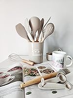 Vista 2 de Juego de utensilios de cocina de silicona antiadherente con soporte, mango de madera, utensilios de cocina de silicona.