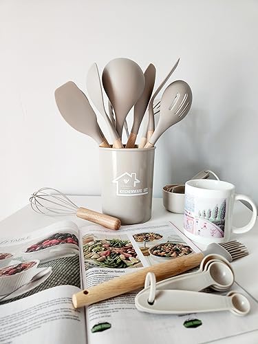 Miniatura 2 de Juego de utensilios de cocina de silicona antiadherente con soporte, mango de madera, utensilios de cocina de silicona.