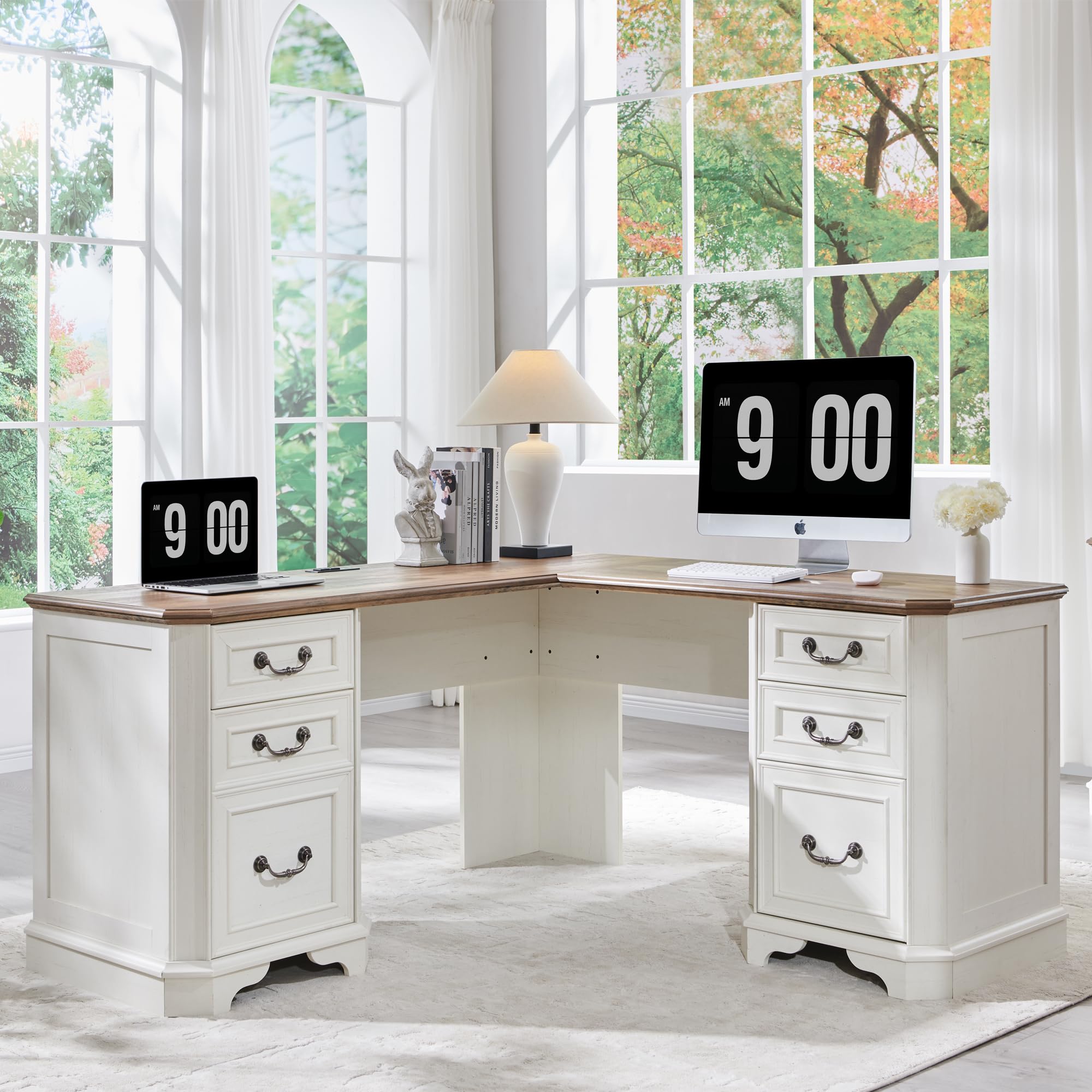 T4TREAM 59" Executive L Shaped Desk with Drawers,Farmhouse Wood Computer Coner Desk, Featuring Charging Station,File Drawer, Storage Cabinet,for Home