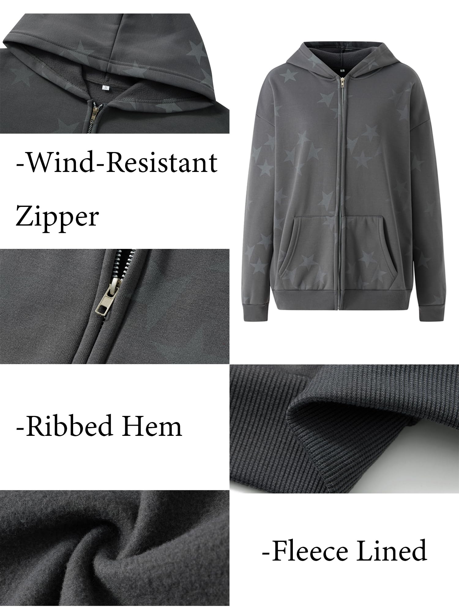 Sexy Outfit Damen Y2k Grunge Star Zip-Up Hoodie Gemütliche Loose Fit Harajuku Streetwear Sweatshirt mit Tasche für Herbst Winter