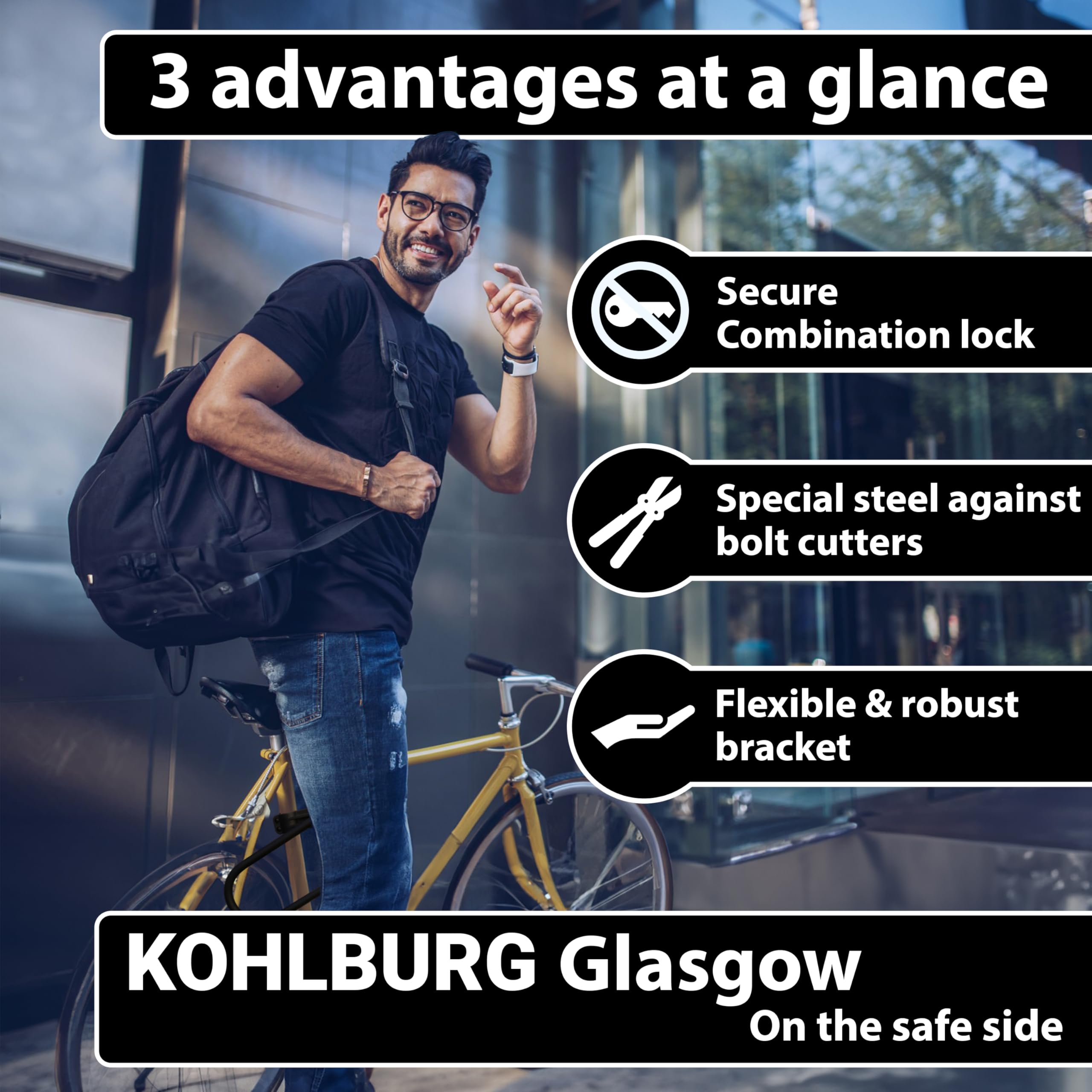 KOHLBURG U-Locki zamek szyfrowy 12 mm | Roweru elektrycznego, rdzeniem stalowym, stalowymi cyframi, z kodem i uchwytem, wysokiego bezpieczeństwa