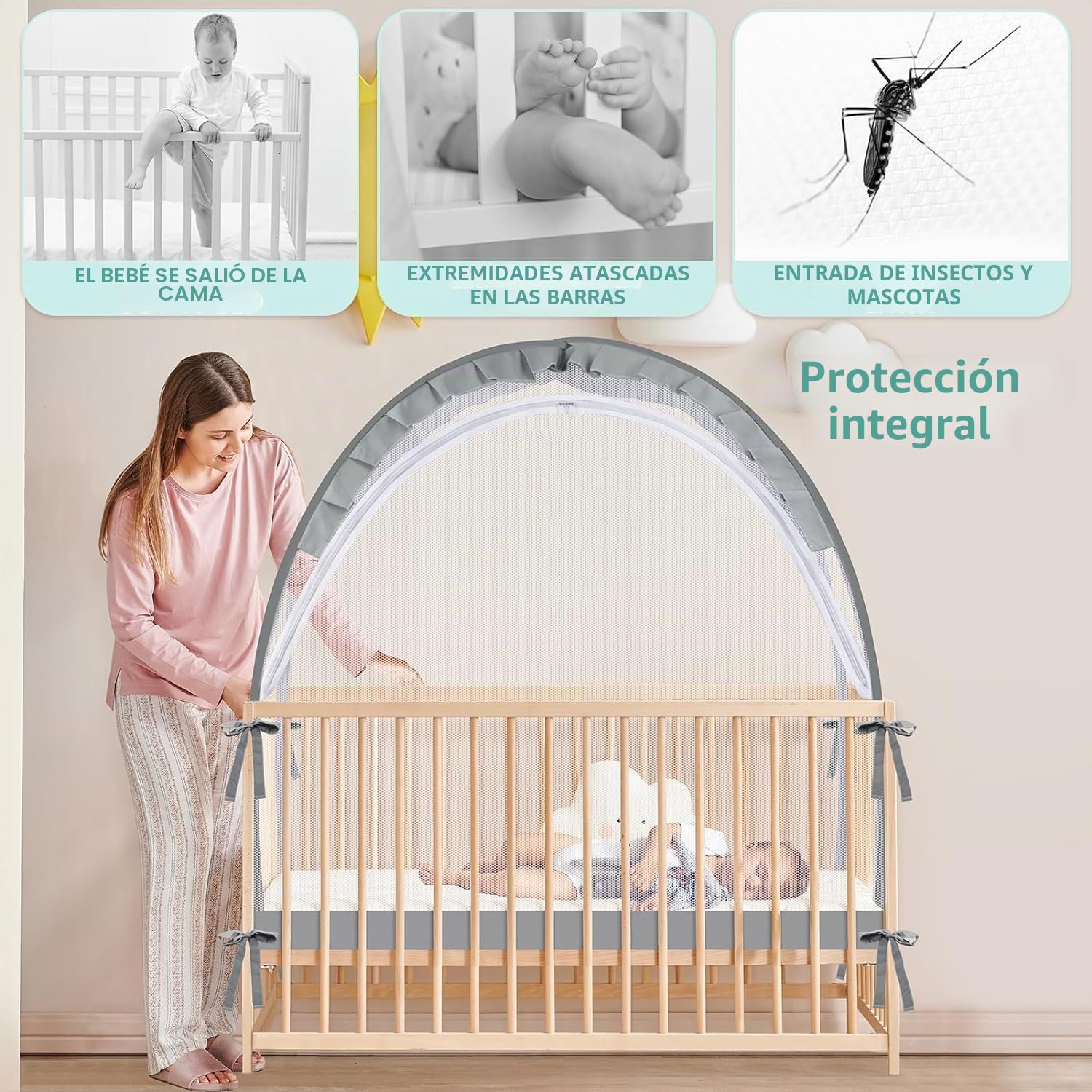 Mosquitera, red de mosquitos, tienda plegable para cuna de bebé, cuna, cama infantil, red para cuna, tienda de viaje plegable con bolsa de transporte (gris, 70 x 140 cm)