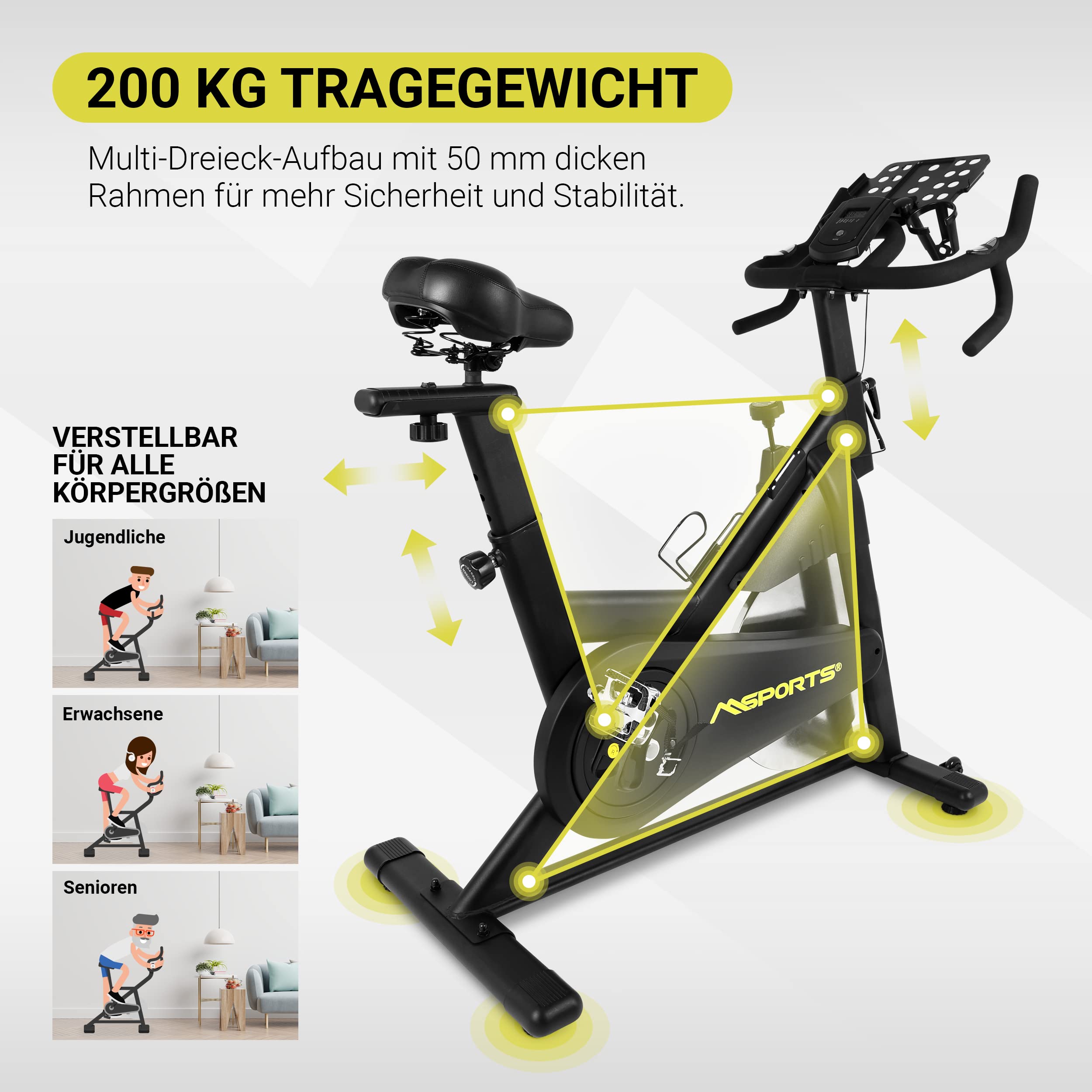 MSPORTS Cycling Bike Elite Black Series | Speed Bike da 20 kg | Ergometro - Cyclette con app Bluetooth e trasmissione a cinghia silenziosa | Fitness Cyclette