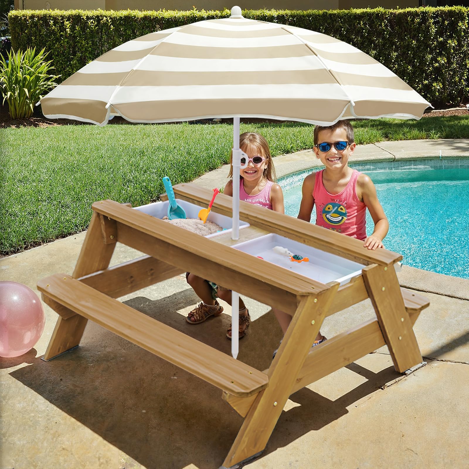 Table d'activités pour enfants, table de pique-nique convertible en bois, table de salle à manger, parapluie pliable réglable, pique-nique pour l'extérieur (naturel/marron)