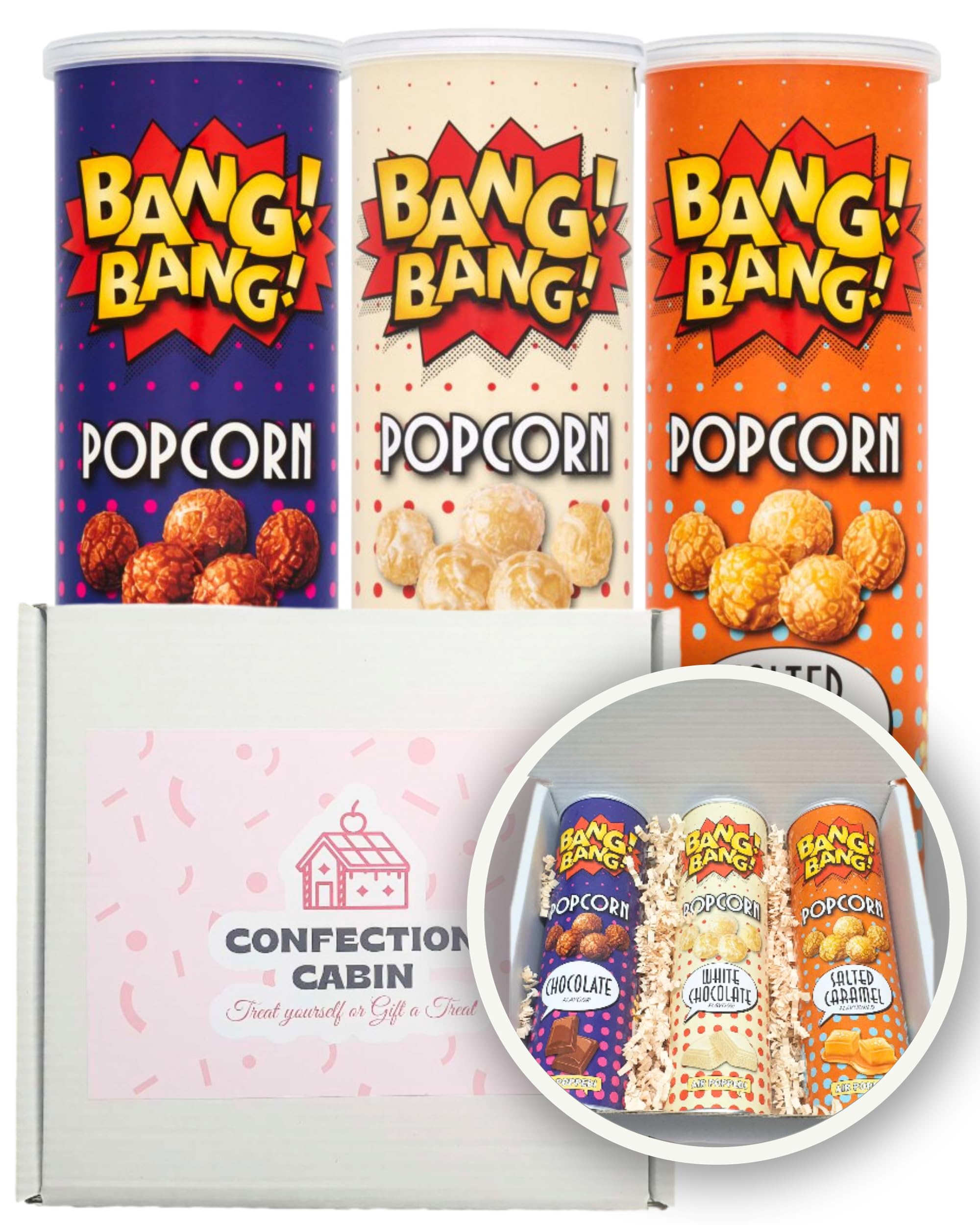 Popcorn Gift Set - Bang Popcorn Multipack (3 x 85 g) - Movie Night Hamper and Surprise Treats with Chocolate, Salted Caramel, and White Chocolate Flavours | Gifts for Dad and Grandad