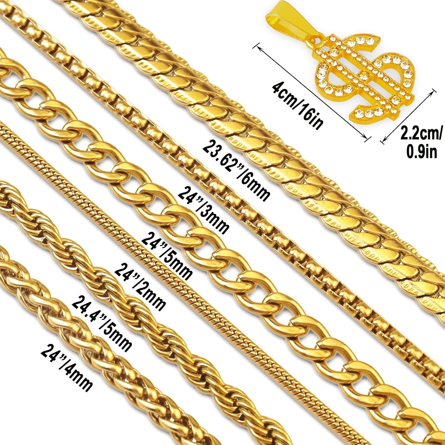 7 Pcs Stainless Steel Necklace Chain Kit, Gold/Silver Plated Metal Snake/Cuban/Box/Rope Chain Link Jewelry 24" with Dollar Pendant Men Women (24 Inch, Gold) - Image 2