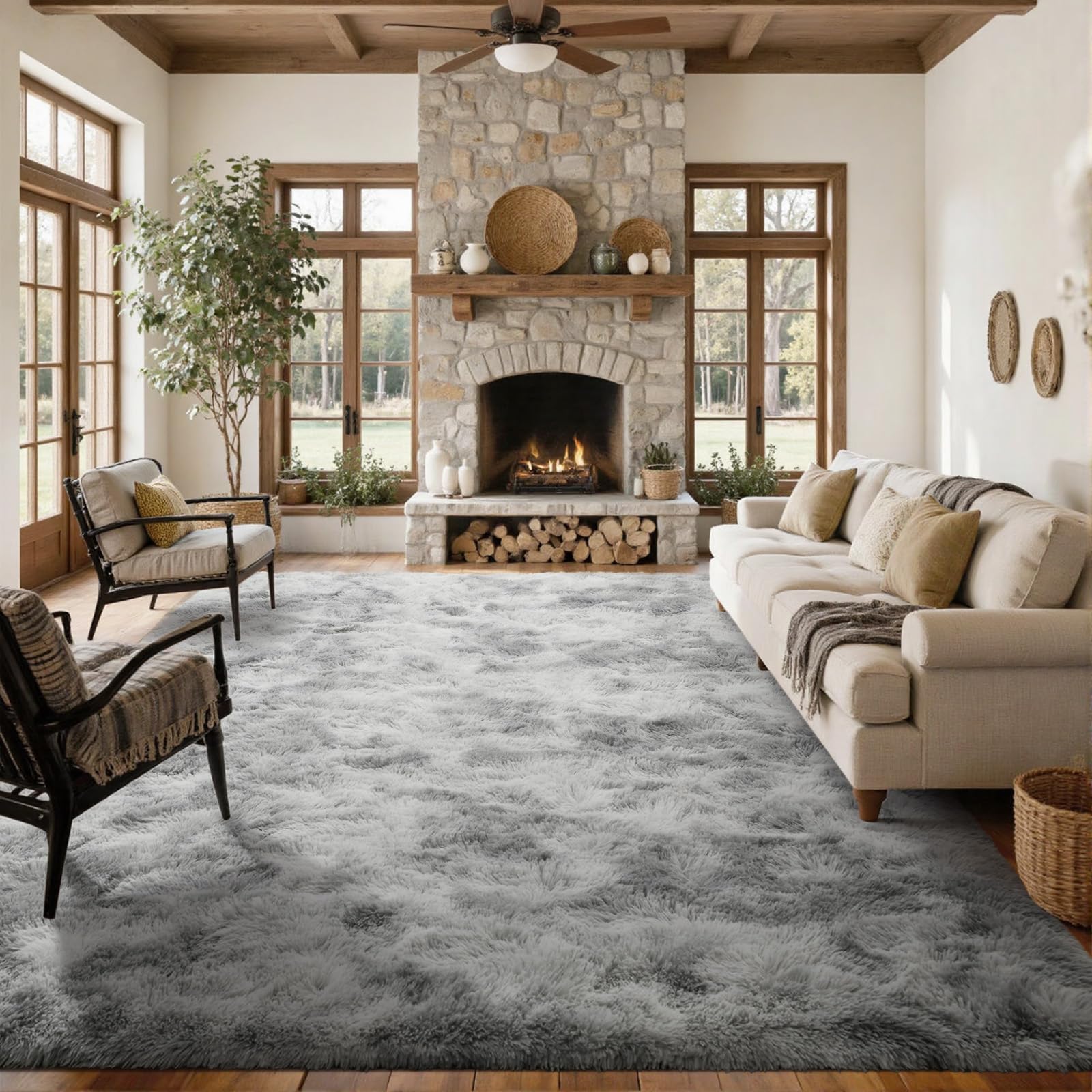 8x10 ft Rug for Living Room Fluffy Grey White Shag Rug Non-Slip Area Rugs Carpet for Bedroom Nursery Kids PlayRoom Dorm Office Indoor Modern Plush