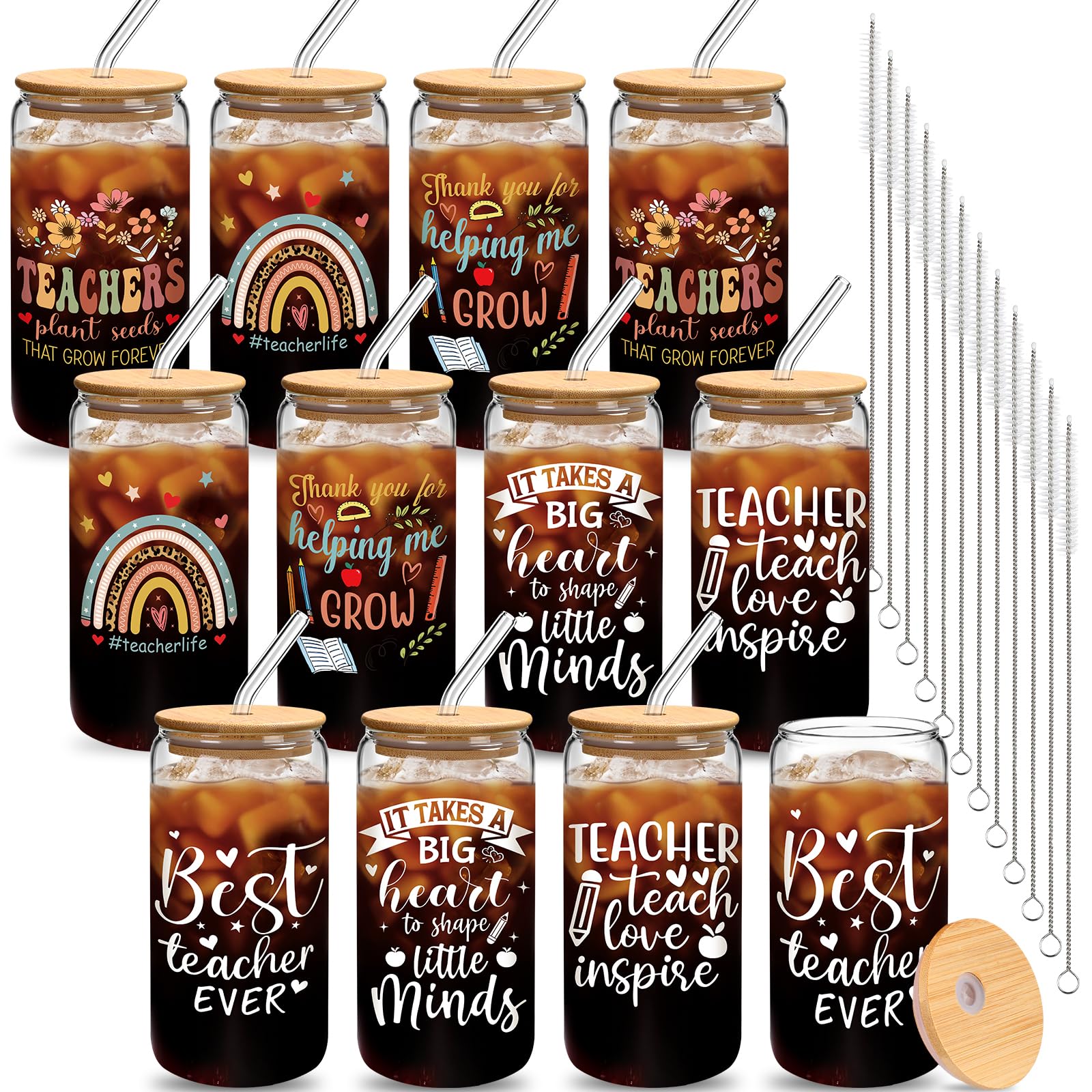 12 paquetes de regalos para profesores para mujeres y hombres, vasos de vidrio de 16 onzas con tapas y popotes, regalos de agradecimiento de agradecimiento, lata de cerveza, taza de café, taza