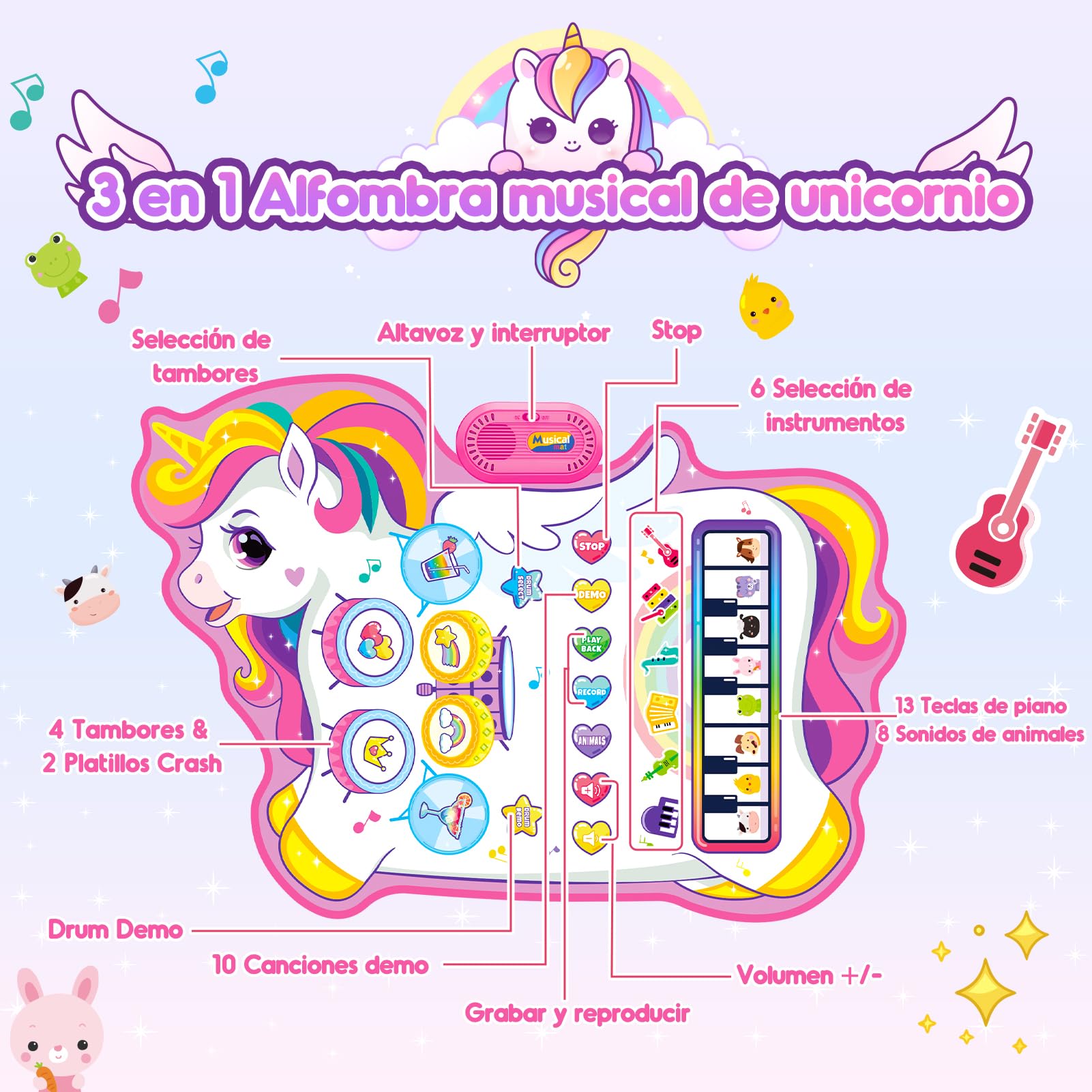 Gralal Unicornio Juguetes Niña 1 Año, Alfombra Musical 3 En 1 con 6 Instrumentos Y Grabación Juguetes Regalo 1 2 Niña Años, Piano Infantil Juegos Juguetes Montessori Educativos Sensoriales Bebe 1 Año
