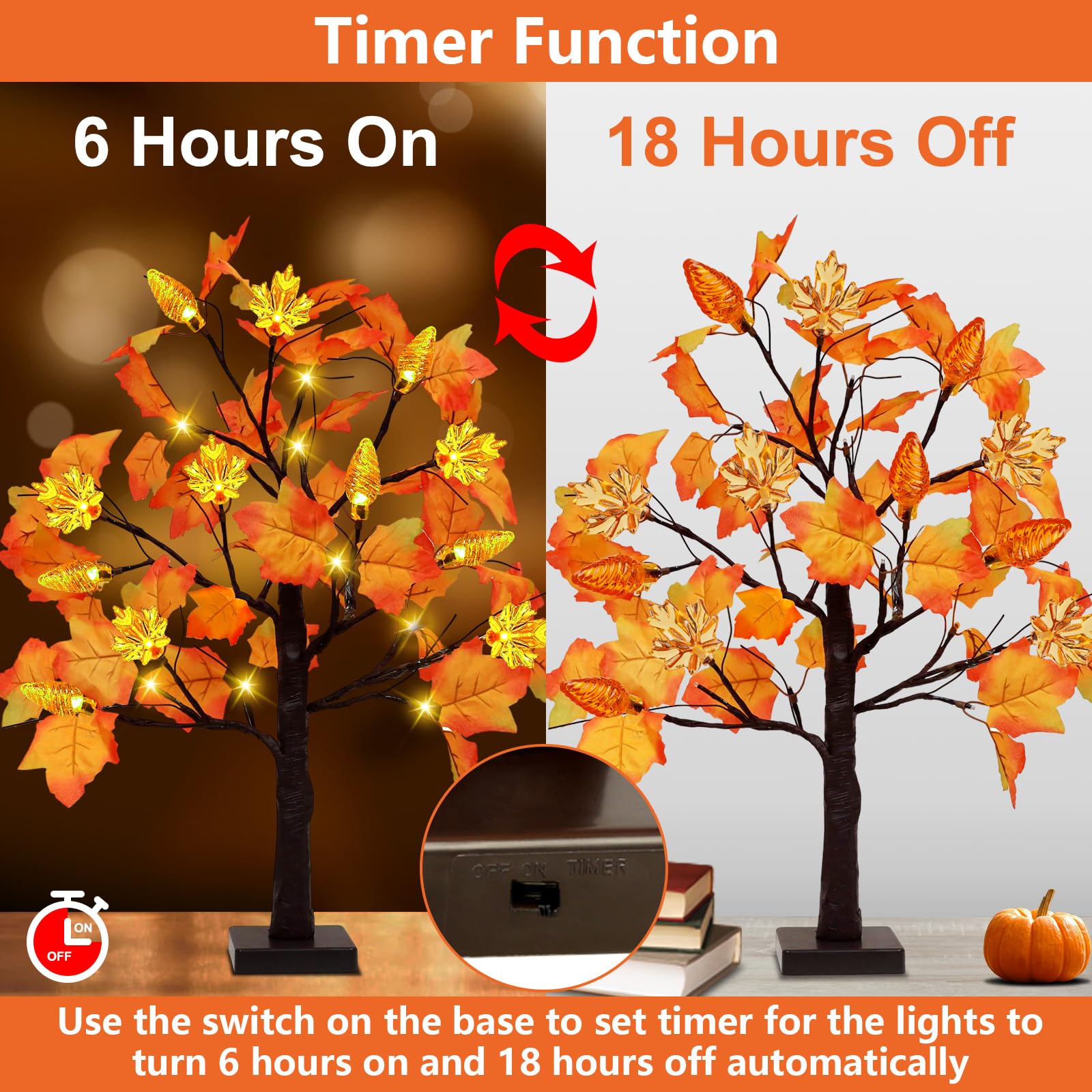 2Pack 24 Inch Lighted Fall Maple Tree Decor with 24 Lights Maple Acorn lampshade,Timer Operated Fall Artificial Tree Lights,Autumn Harvest Thanksgiving Decorations for Home