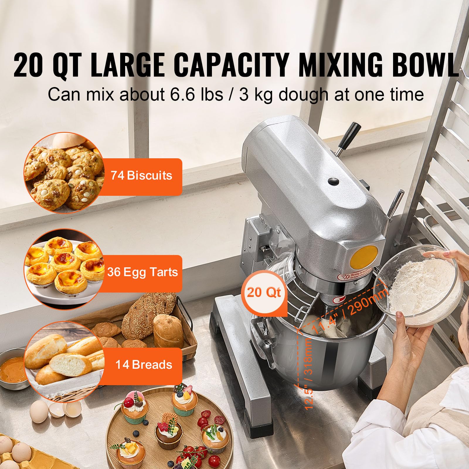Happybuy 18.7L Commercial Food Mixer, Stand Mixer with 3 Speeds, 1100W Dough Mixer, Stainless Steel Bowl & 3 Attachments for Restaurant, Bakery, Cafe, Pastry Shop