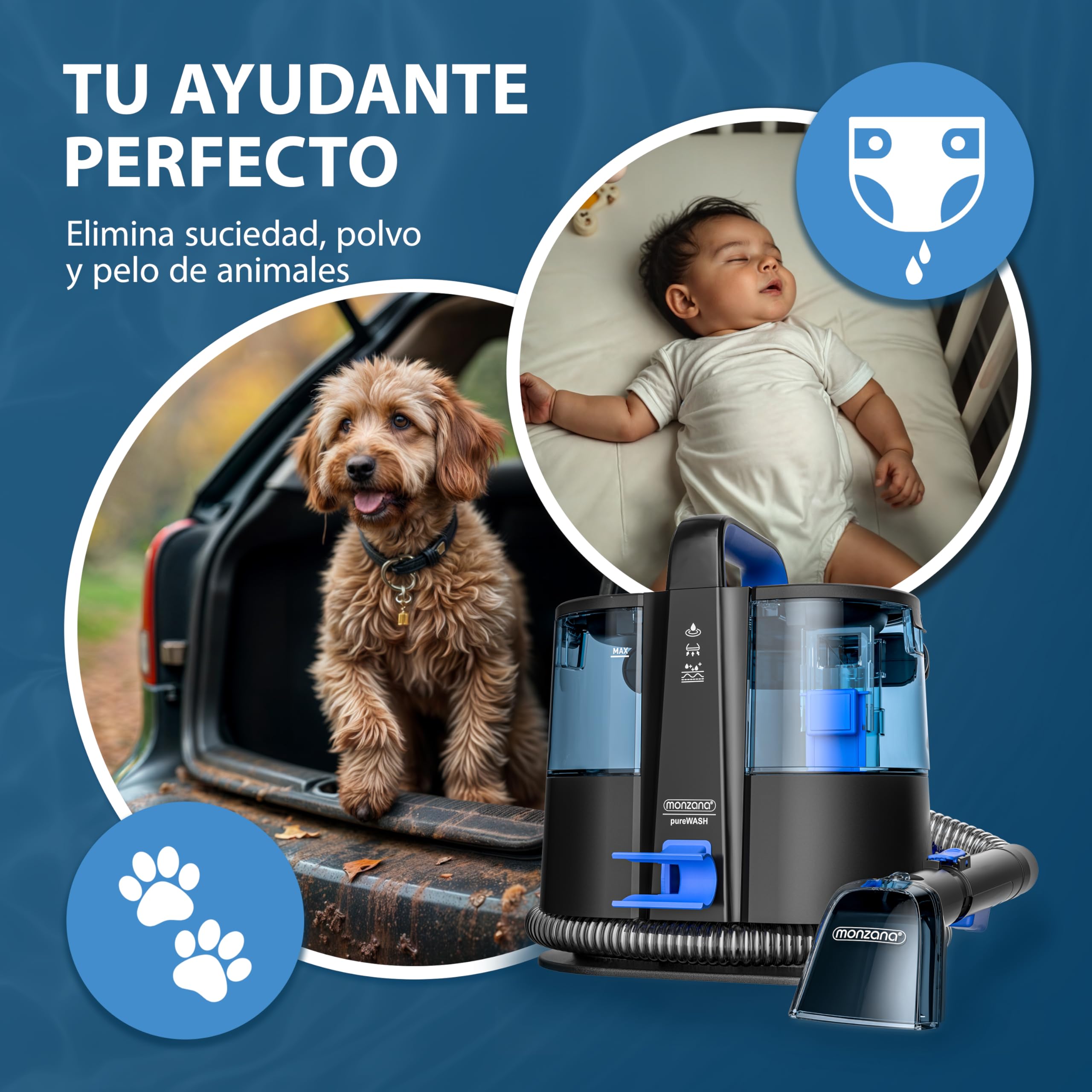 MONZANA® Limpiador de Tapicerías Cepillo 2 en 1 Manguera 1,2 m Alcance 5,5 m Portátil Aspirador en Seco Húmedo Vapor Alfombras Muebles Sofas Coches