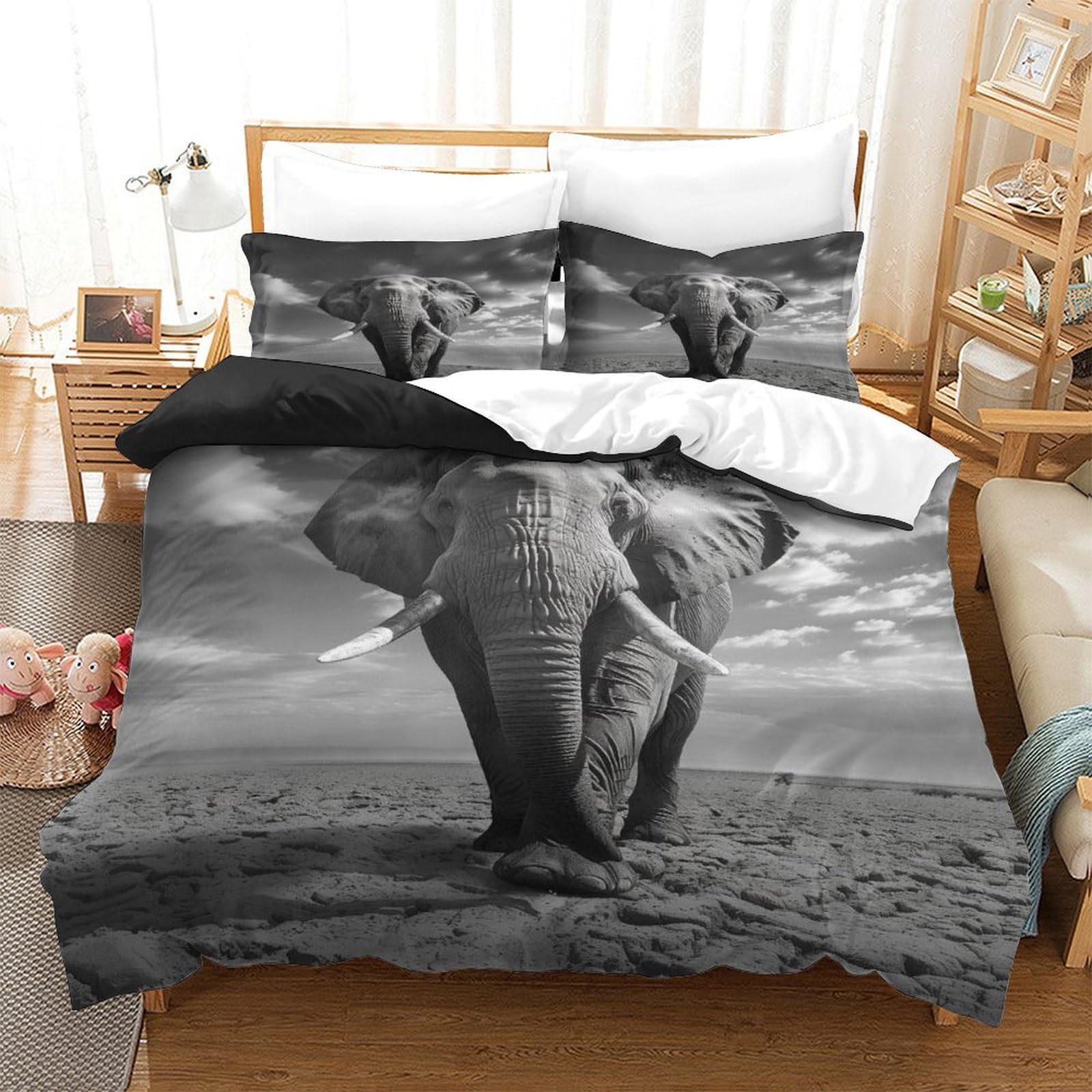 P1S9U7W5Y Stylish Safari Elephant 3D Printed Duvet Cover Set 3pcs Microfiber Wildlife Bedding Set Super king（260x220cm）