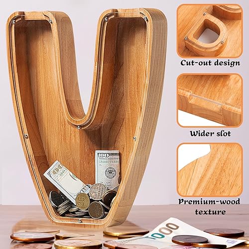 Miniatura 209 de Alcancía para niños y niñas, alcancía grande de madera personalizada con diseño recortado, bancos de monedas con letras del alfabeto, caja de ahorro
