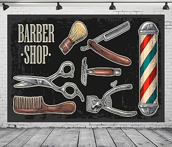 Vintage Barbershop Tools Backdrop Fabric 7x5ft Hair Salon Modern Barber Shop Hairstylist Razor Shaving Brush Scissors Background for Barber Themed Party Decorations Men Photo Booth Props