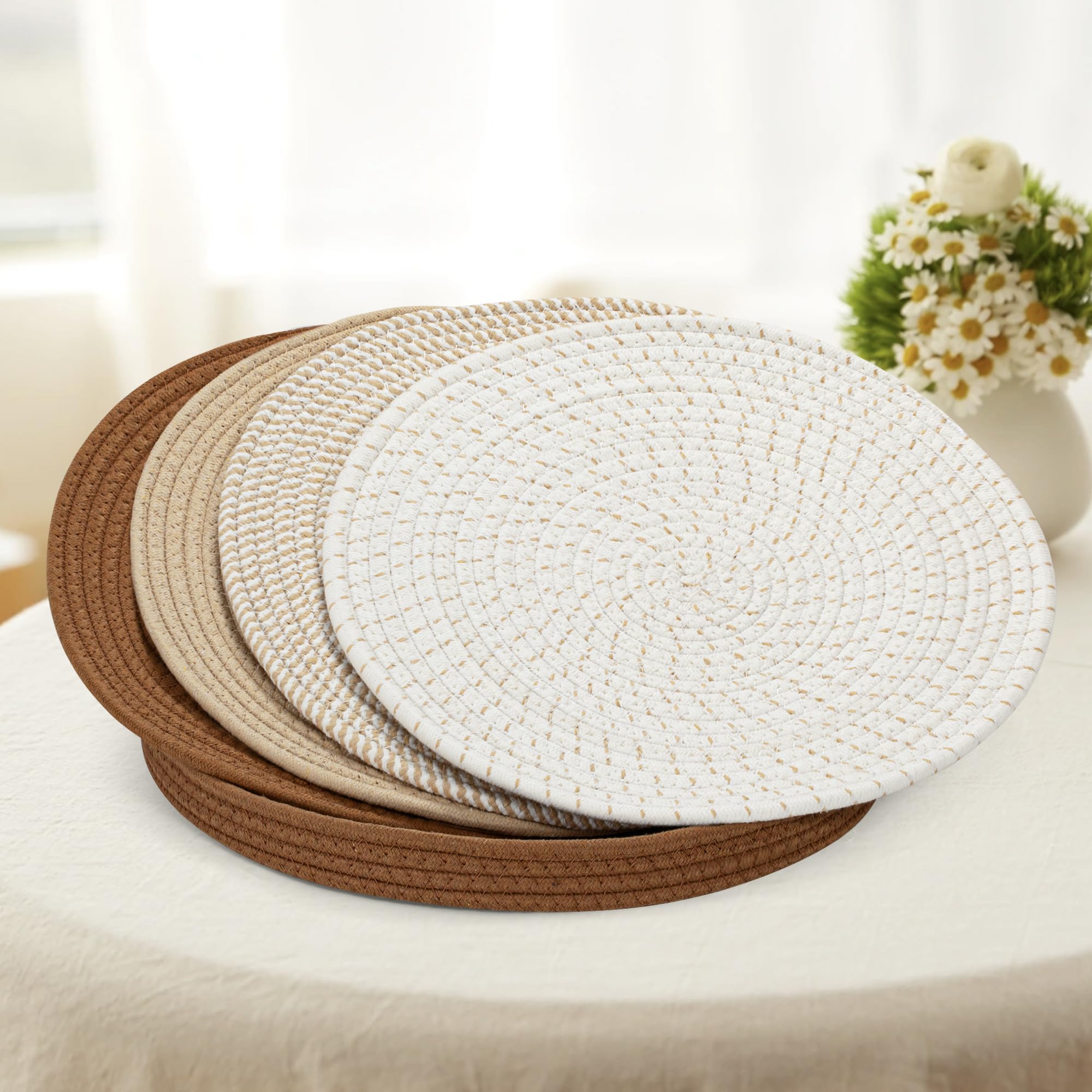 15 Inch Round Woven Boho Placemats Set of 5 with Storage Basket - Heat Resistant, Non-Slip Farmhouse and Modern Styles Outdoor Table Decor for Dining Room Accessories