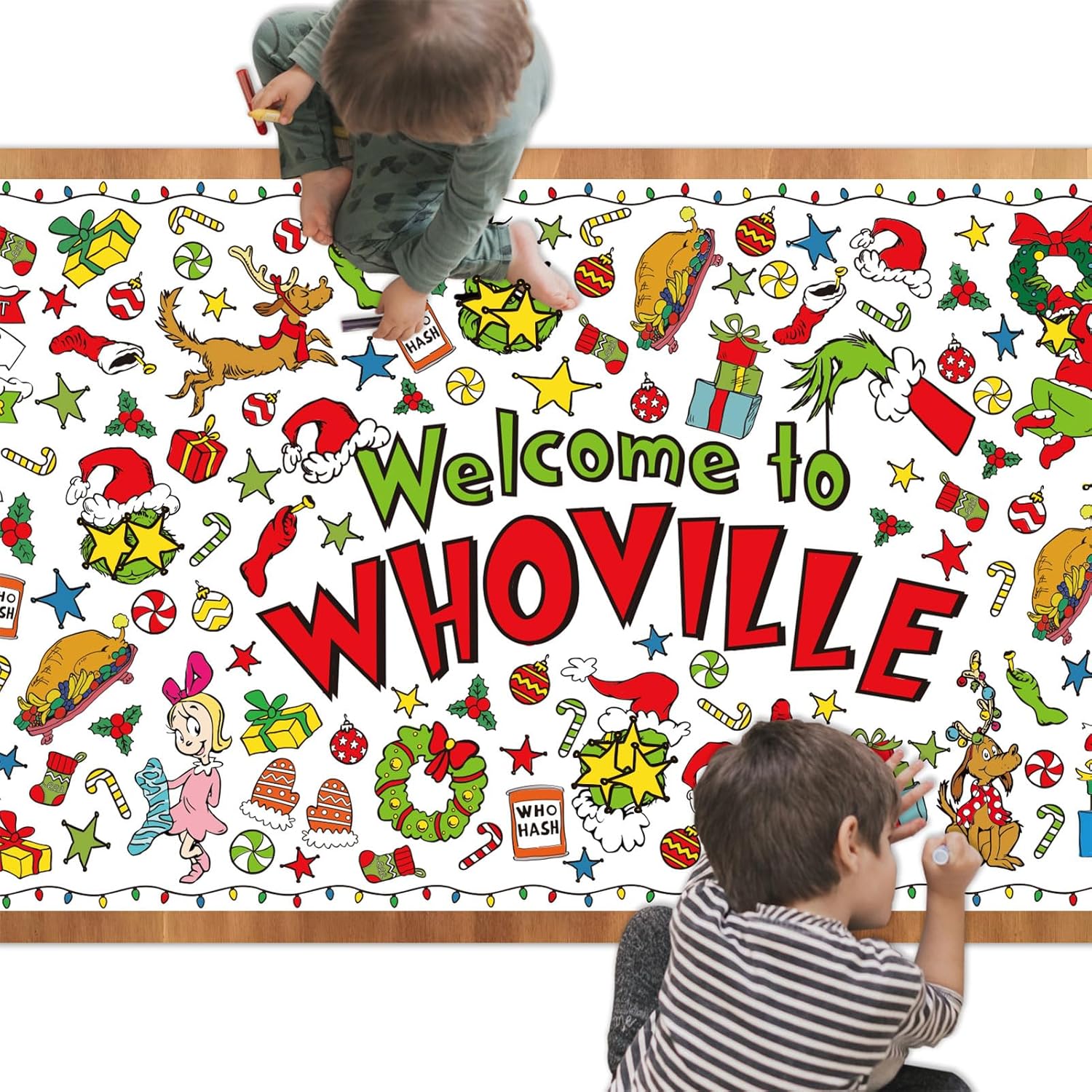Christmas Coloring Table Cloth for Kids, Holiday Coloring Tablecloth Poster Banner, Christmas Crafts for Kids Teens, Cute Toy Gifts Party Game Supplies Classroom Whoville Decor, 72x30 inch