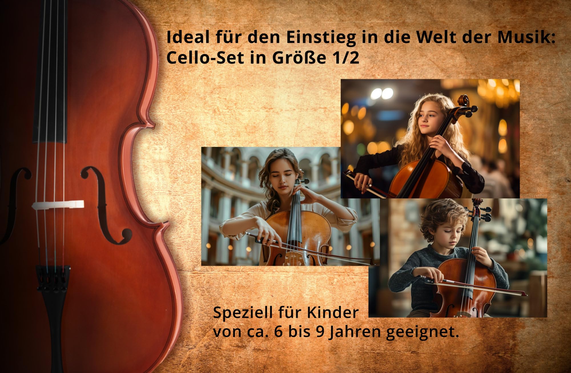 Classic Cantabile CP-100 1/2 Cello Set, Decke: Fichte, Boden, Zargen | Hals, Griffbrett, Wirbel und Steg: Ahorn, Saitenhalter aus Karbon, Vier Feinstimmer, Höhenverstellbarer Stachel, Größe: 1/2