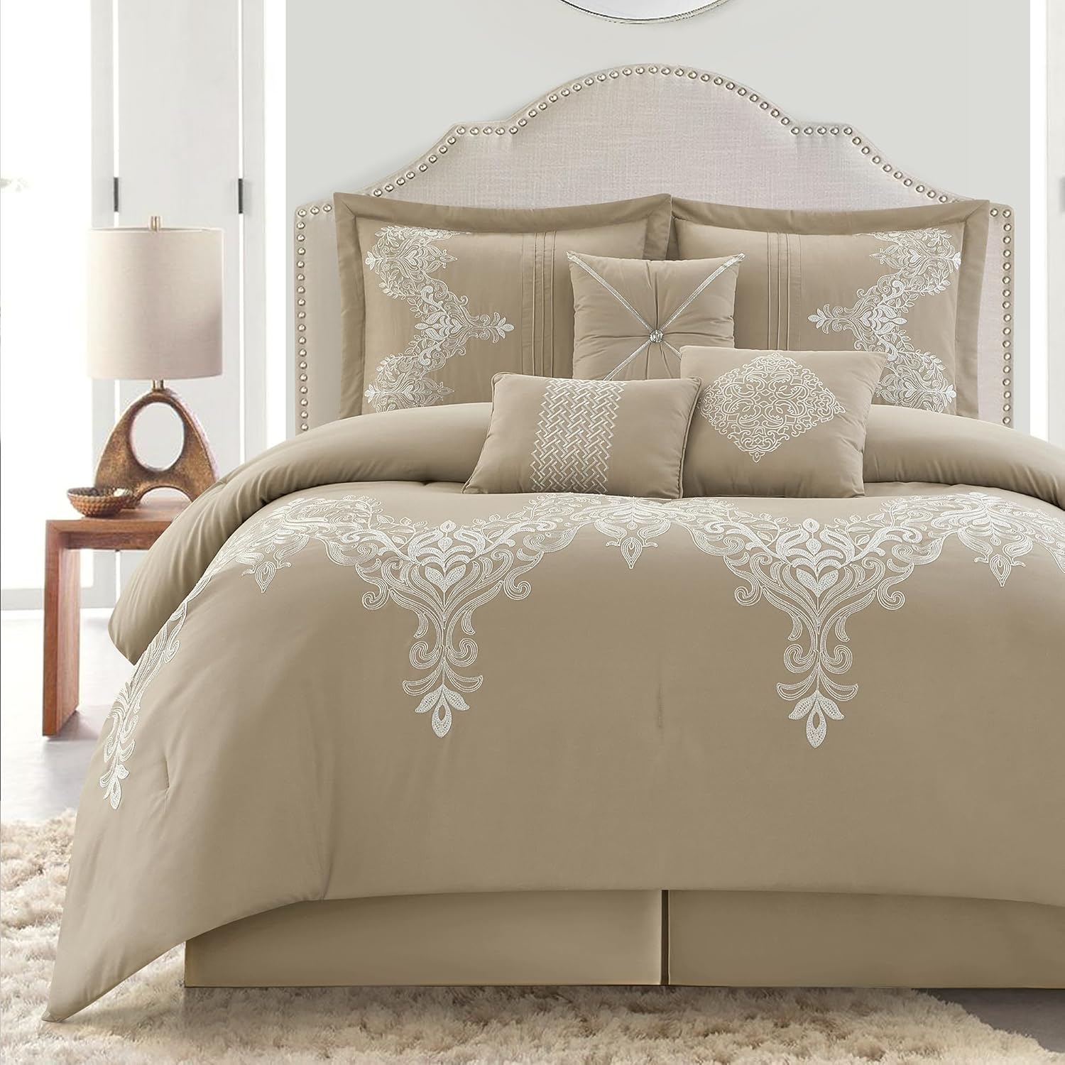 Queen Comforter Set, Taupe, 7 Pieces in a Bag, Chain Stitching Embroidery Home Decor, All Seasons Bedding Set with Comforter, Bedskirt, Pillow Shams and Decor Pillows