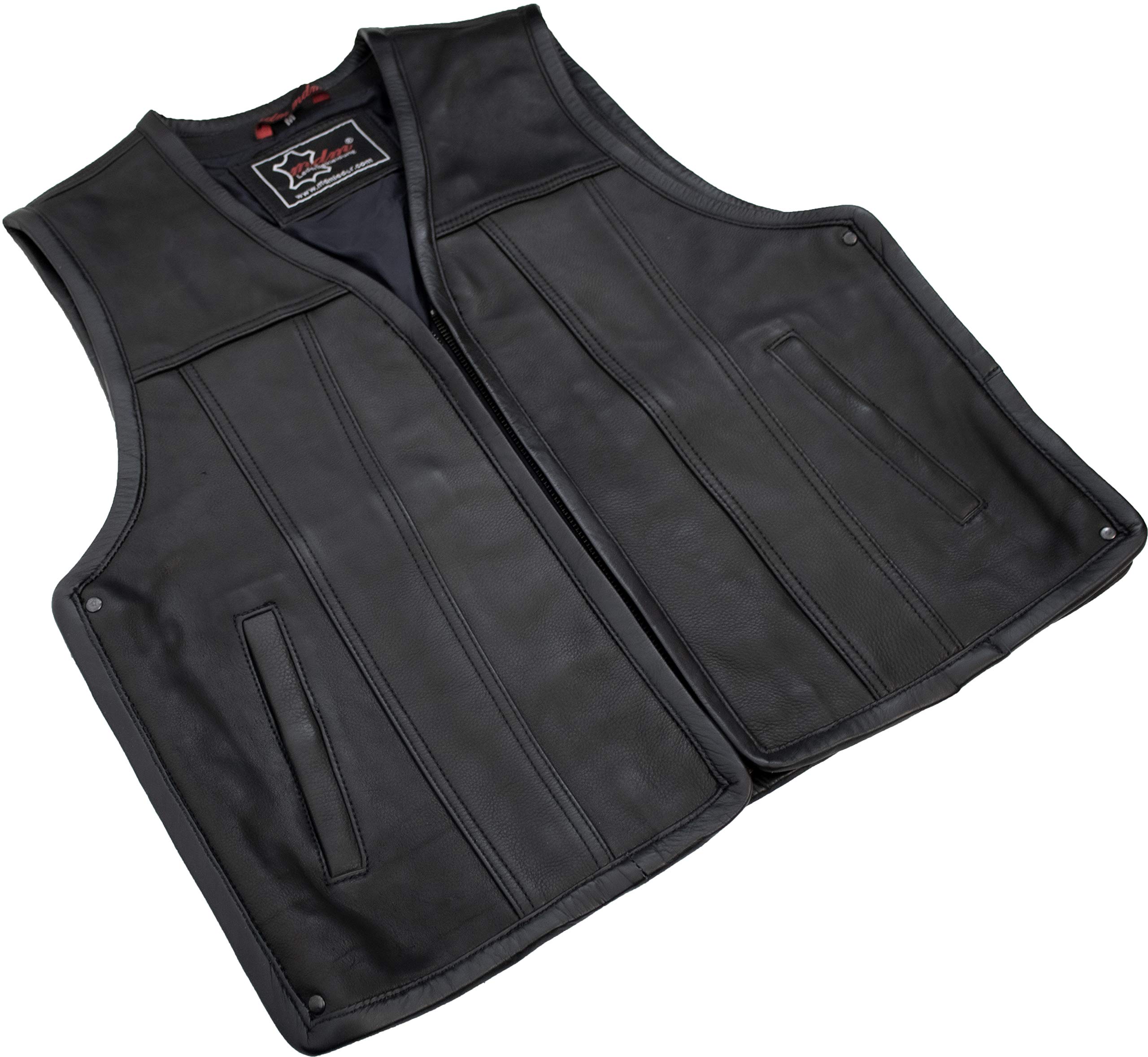 Gilet moto uomo in vero cuoio nappa bovina 1,2 mm – Gilet biker senza colletto con cerniera, tasche interne ed esterne, lati espandibili con zip, Nero