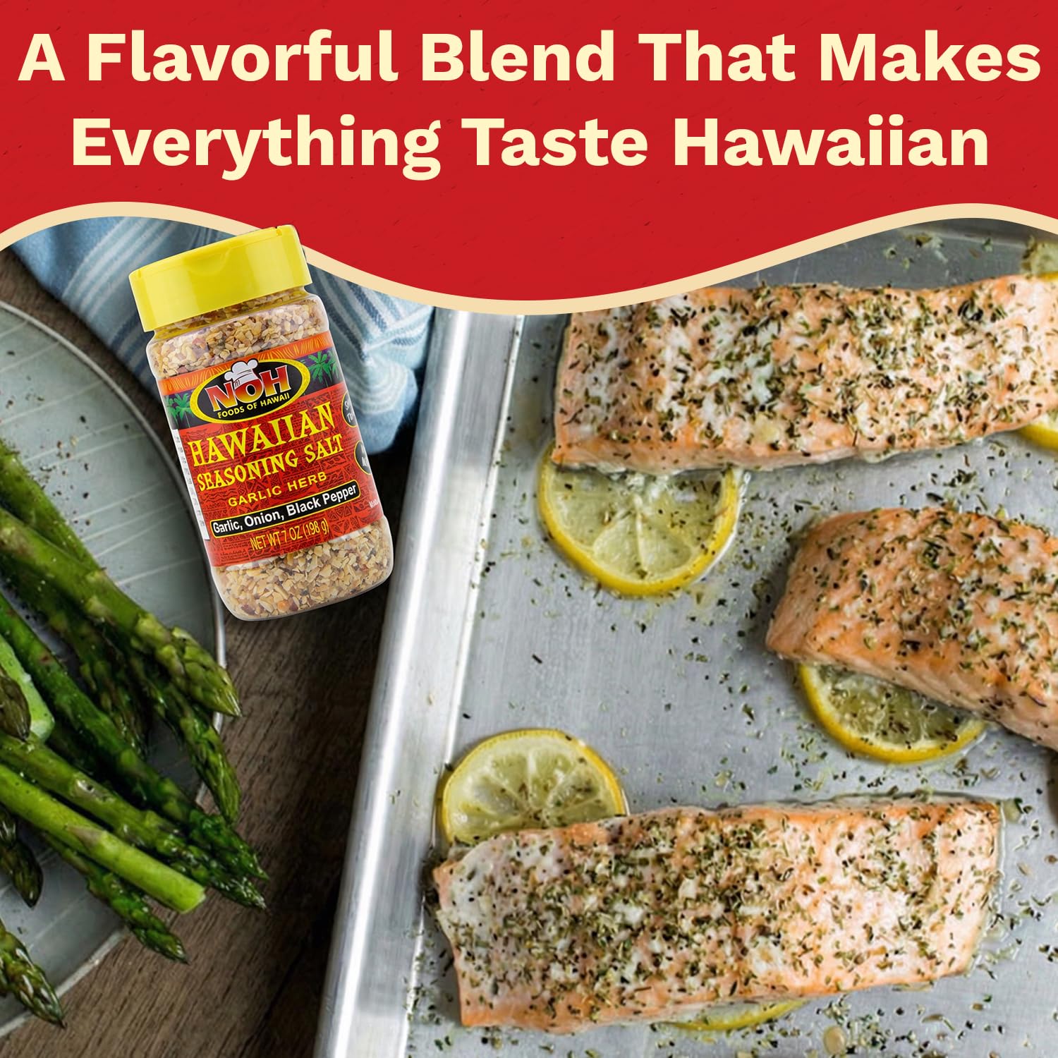 NOH Hawaiian Seasoning Salt, 7 Oz Shaker Bottle (Pack of 1) - No MSG Garlic Herb Blend - Authentic Salt Seasoning with Garlic Herb, Onion & Black Pepper - Ideal for Meat, Poultry, Seafood, BBQ & More