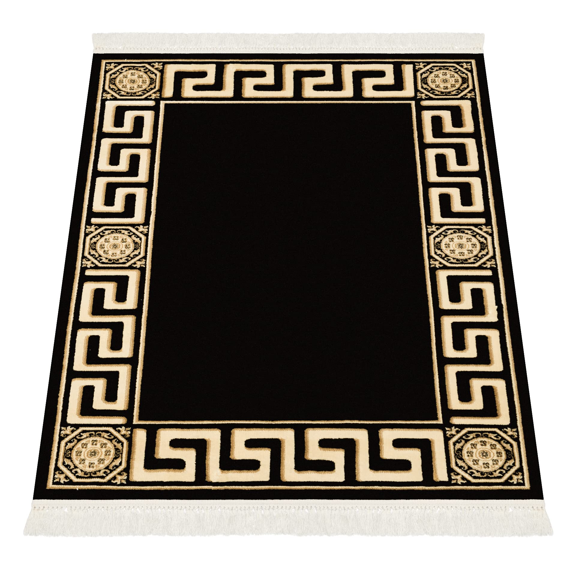 Premium Flur Teppich Läufer Teppichläufer Flur Schlafzimmer Küche Maänder Muster Kurzflor in Schwarz Gold mit Fransen - Mäander Design Antirutsch K-Seidenglanz 100% Viskose Öko Tex - 80x200 cm