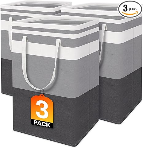 BlissTotes 3-Pack Laundry Basket, Freestanding&Waterproof Laundry Hamper, Collapsible Tall Clothes Hamper with Easy Carry Handles for Clothes, Towels in the Family and Dorm,Gradient Grey,75L