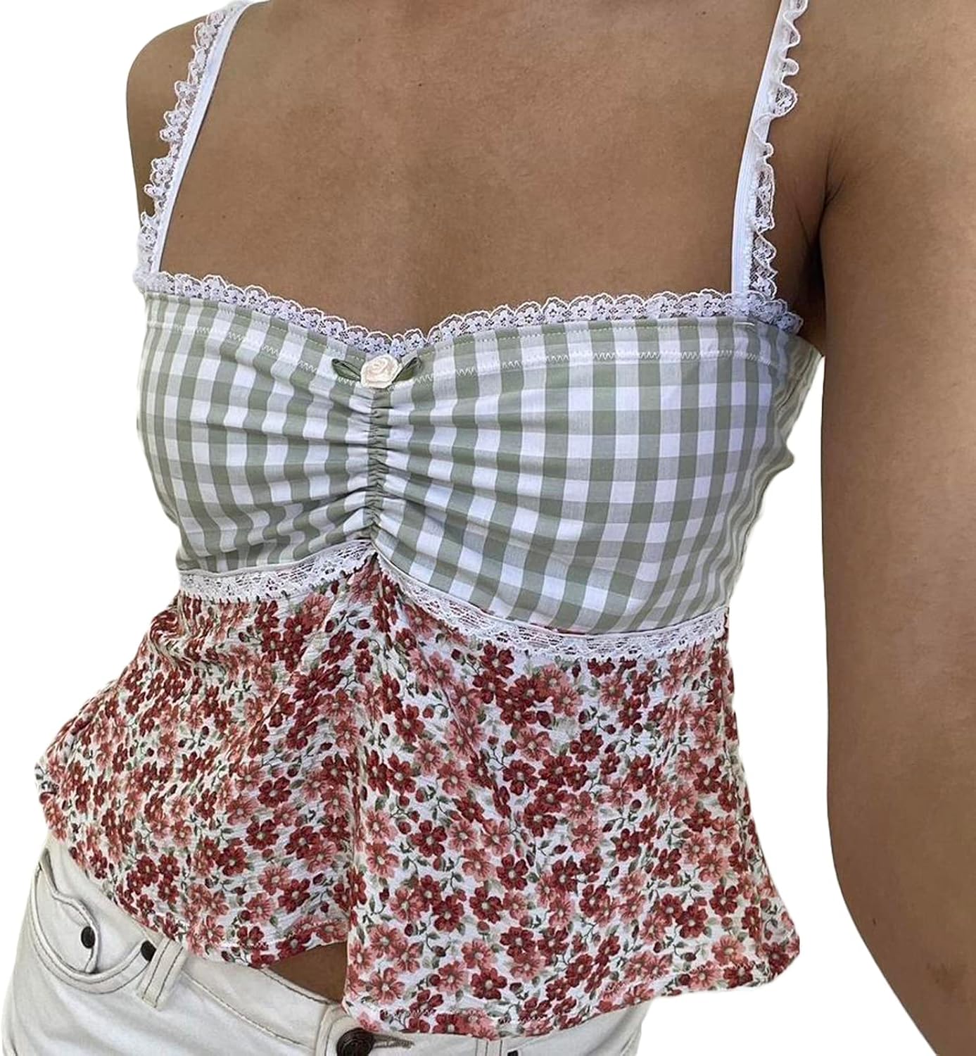 レディース Y2k スパゲッティストラップ レース キャミソール ノースリーブ 花柄 フリル キャミトップ スリムフィット クロップ