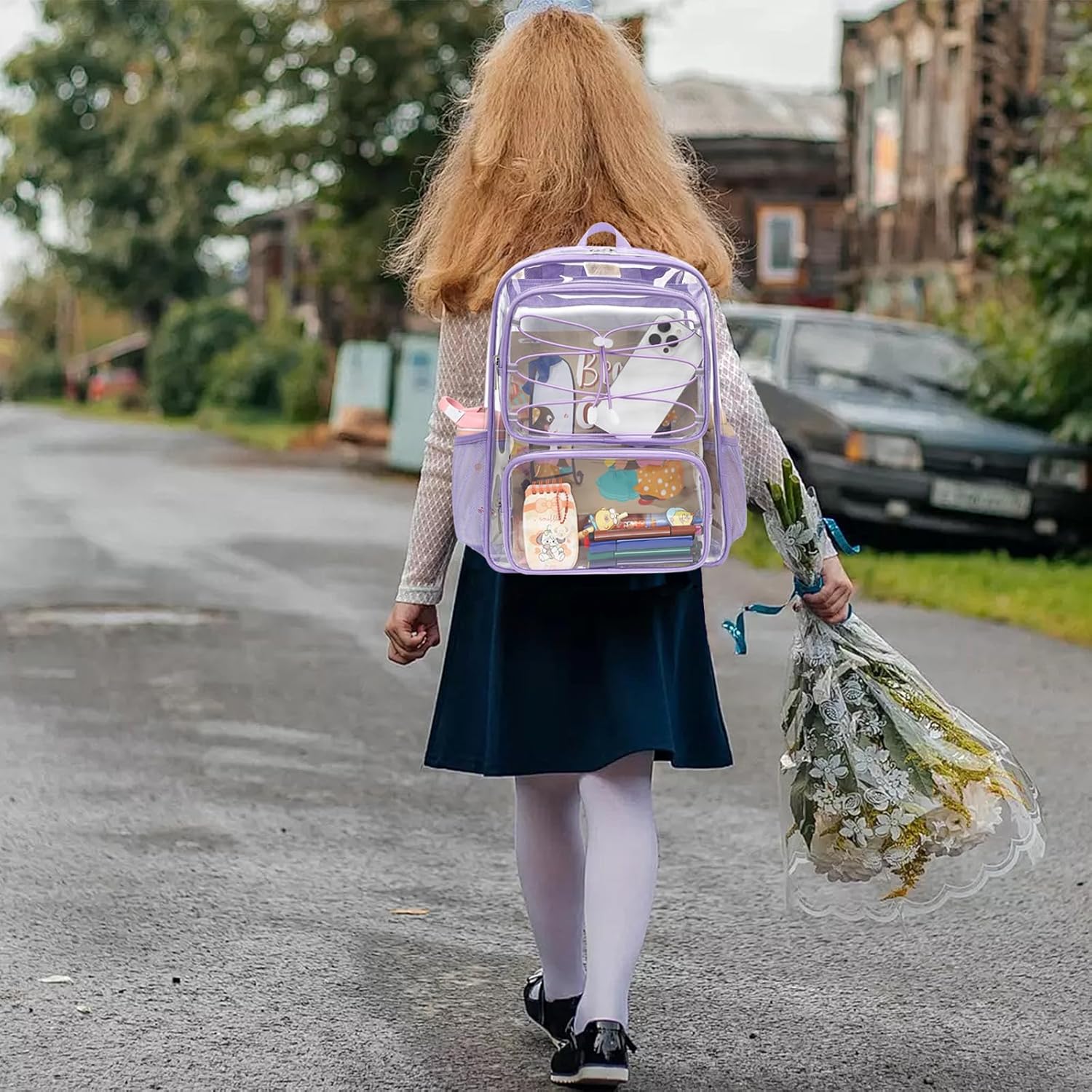 Clear Backpack for Girls Women, Heavy Duty Transparent School Backpacks See Through PVC Bookbag for College Work Security Travel (Lavender Purple) - Image 6