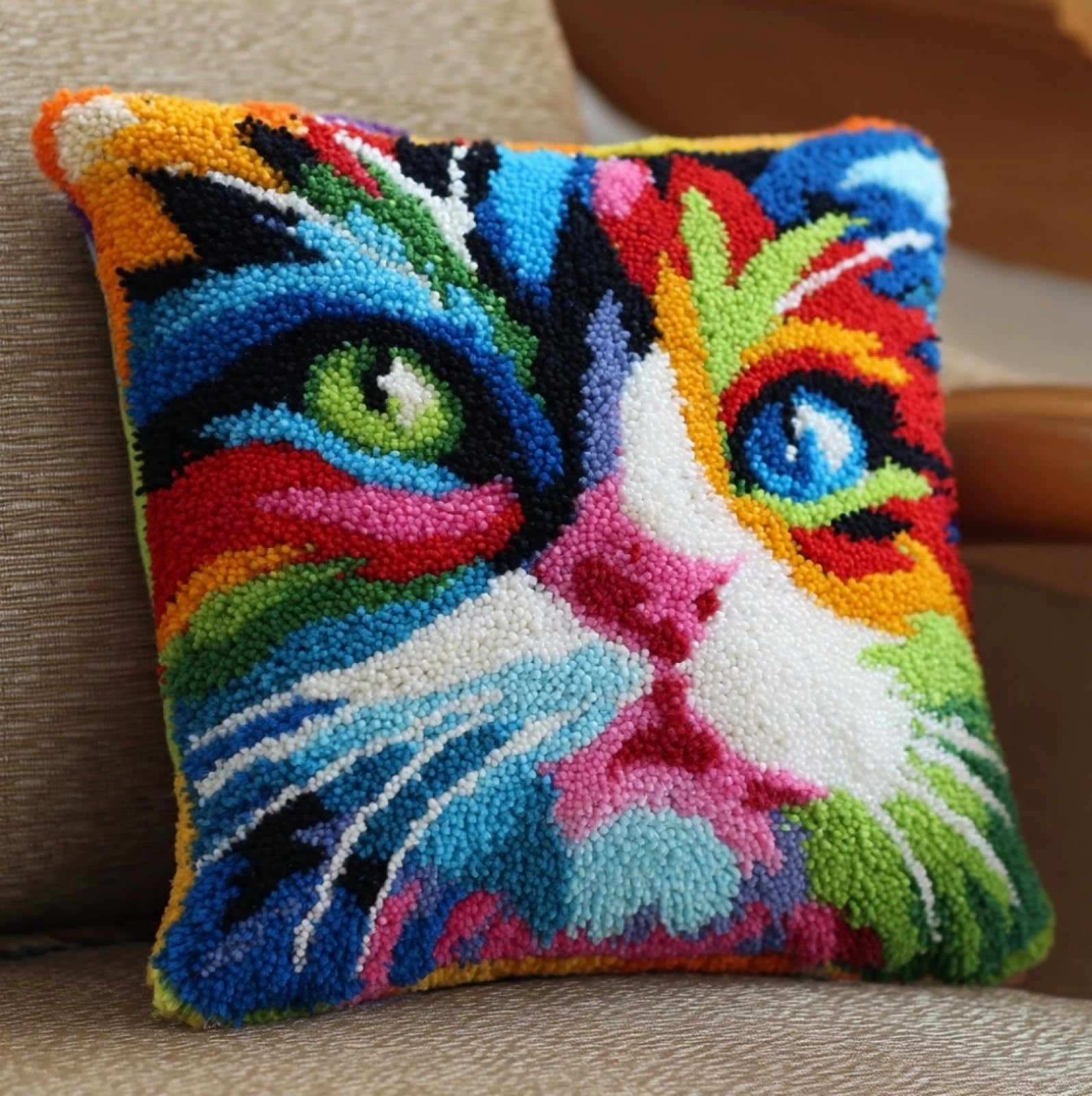 WallustrioaW 3D Pillow Latch Hook Embroidery Kits 17x17in,Animal cat