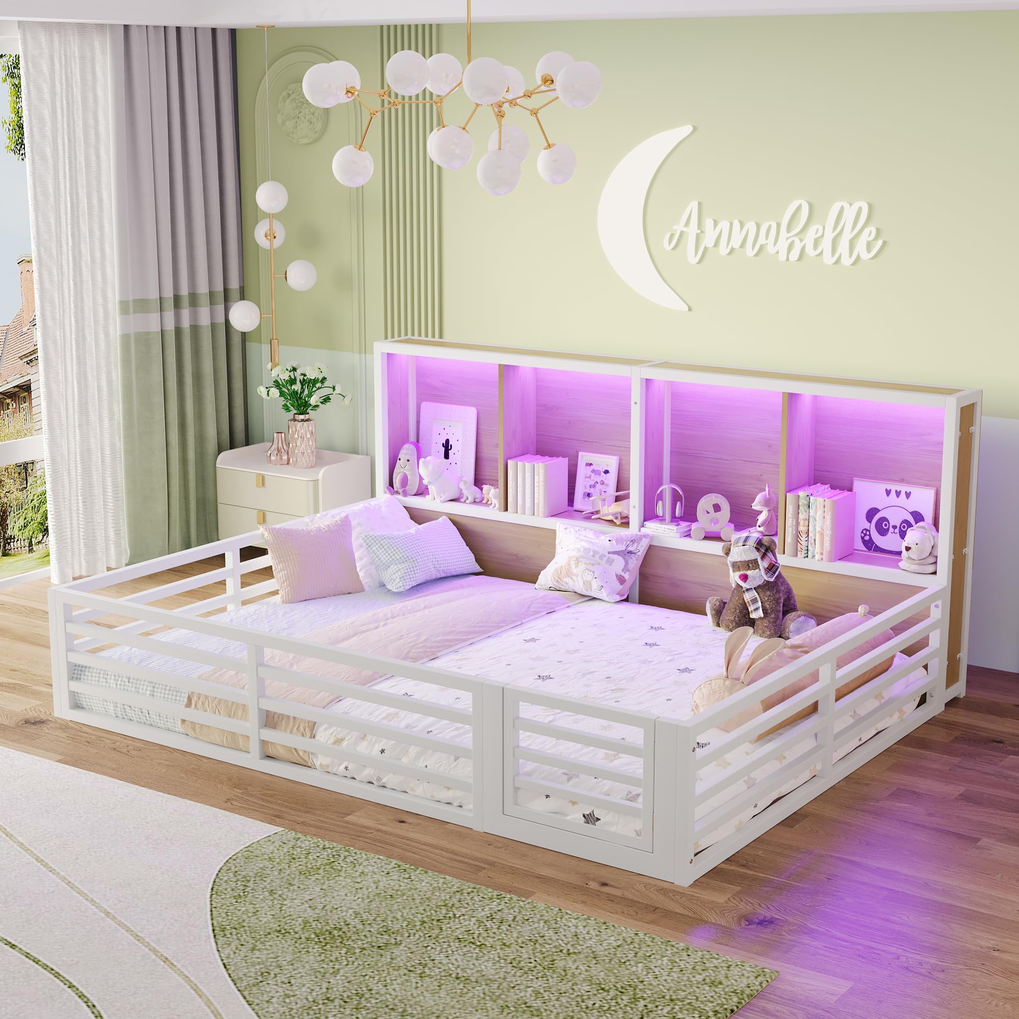Kinderbett Bodenbett 140x200 mit Rausfallschutz & Lattenrost, Montessori Bett Hausbett mit 4 Staufächer & LED-Beleuchtung & Tür, Gitterbett Metallbett Bettgestell Spielbett (Weiß, 140x200CM)