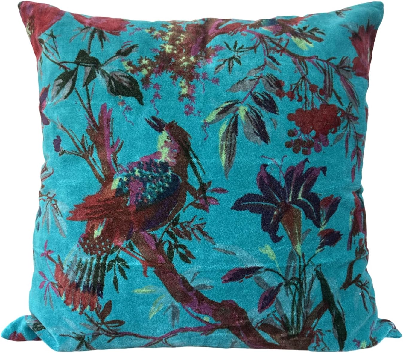 Velvet Floral Bird Print Throw Pillow Sofa Cushion Cover Case | Couch Bohemian Accent | Colorful Boho Chic Indian Handmade Cover Only (Teal Green, 24"X24")
