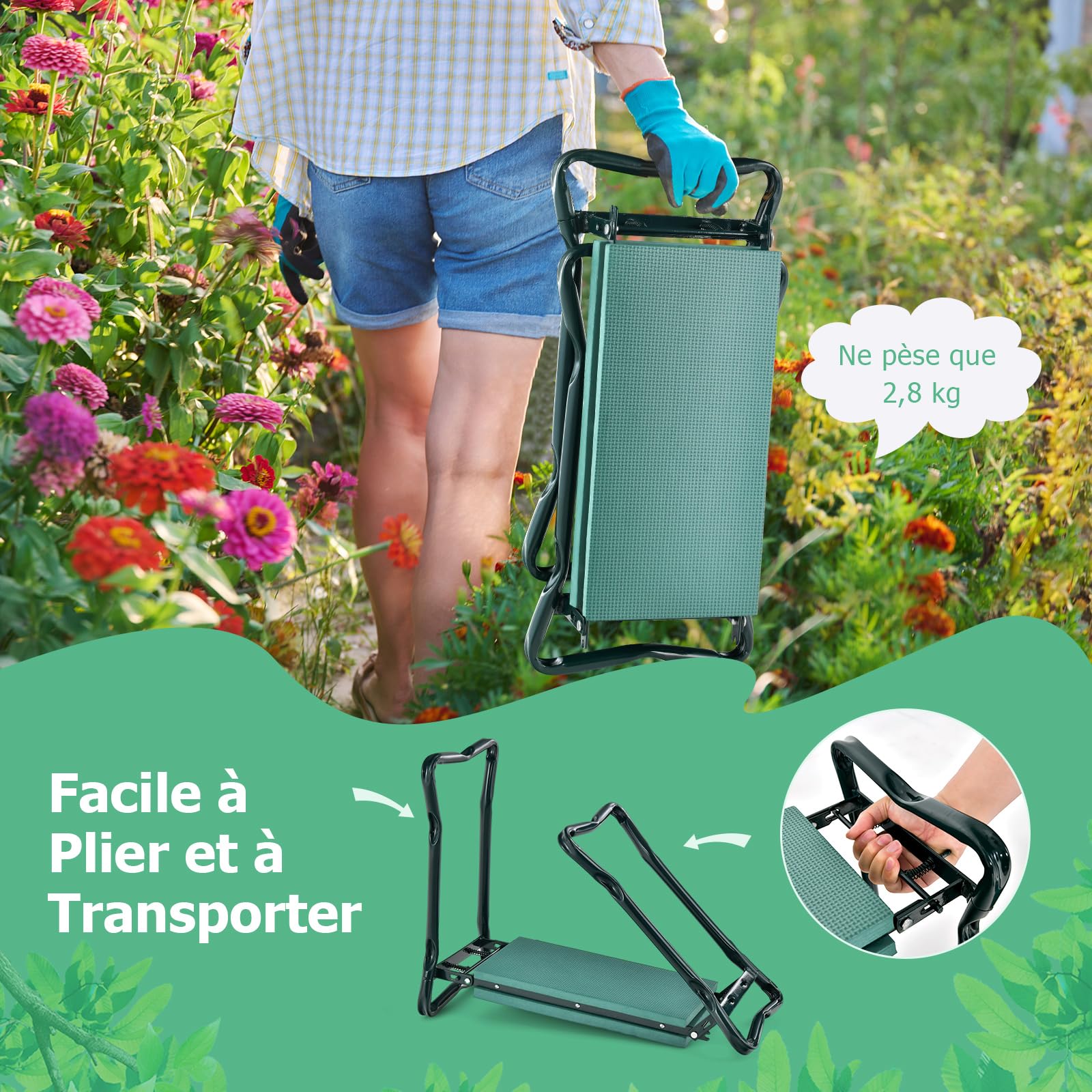 GOPLUS Banc de Jardin à Genoux et Assis, Siège de Jardin Portable avec Grande Poche à Outils et Coussin en Mousse EVA pour Les Genoux, Outil de Jardinage Pliable pour Les Jardiniers(2 Pochettes)