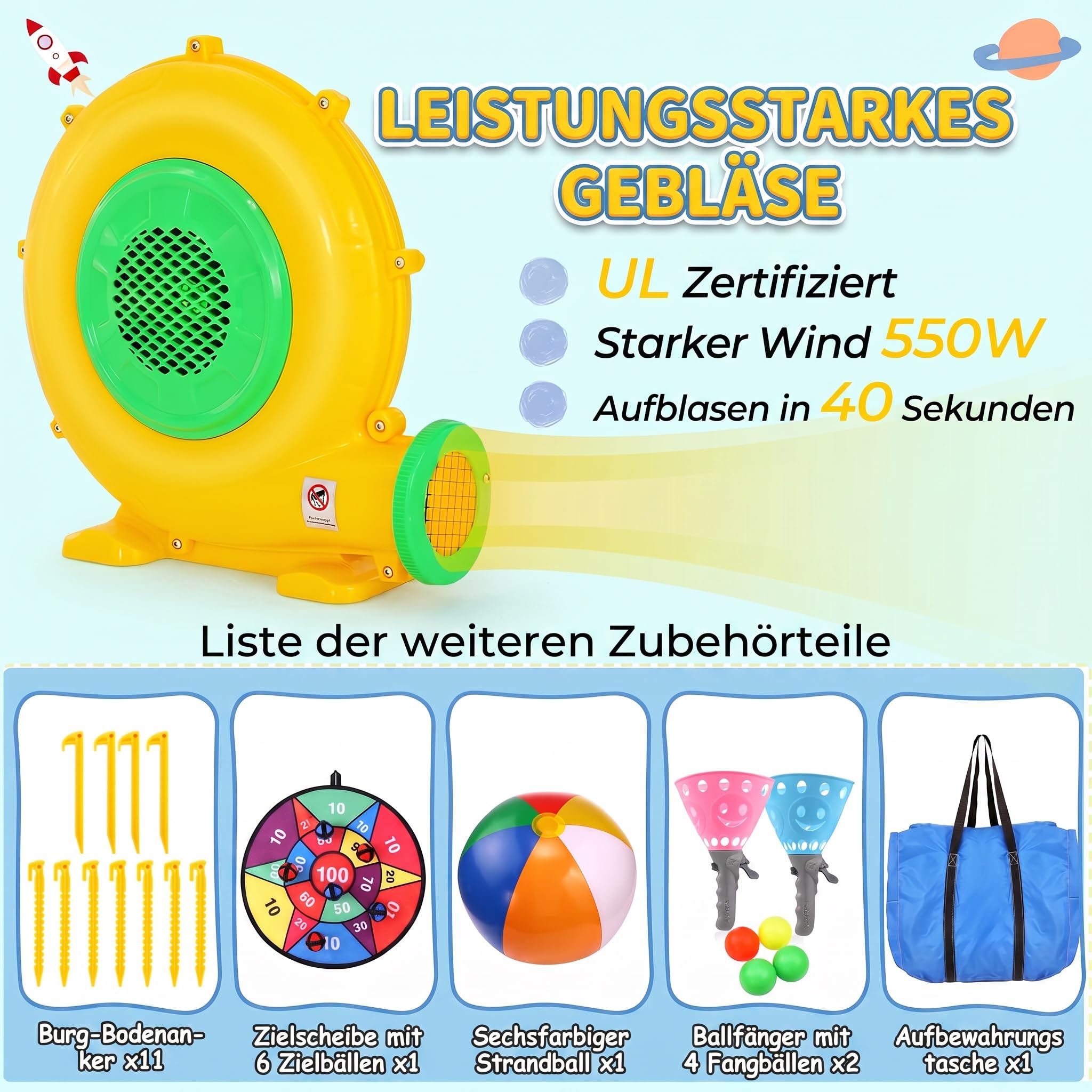 Castello gonfiabile per bambini di età 8-12 anni, 4,1 x 4,1 m, per interni ed esterni, con ventilatore, castello gonfiabile spaziale per feste e giardino