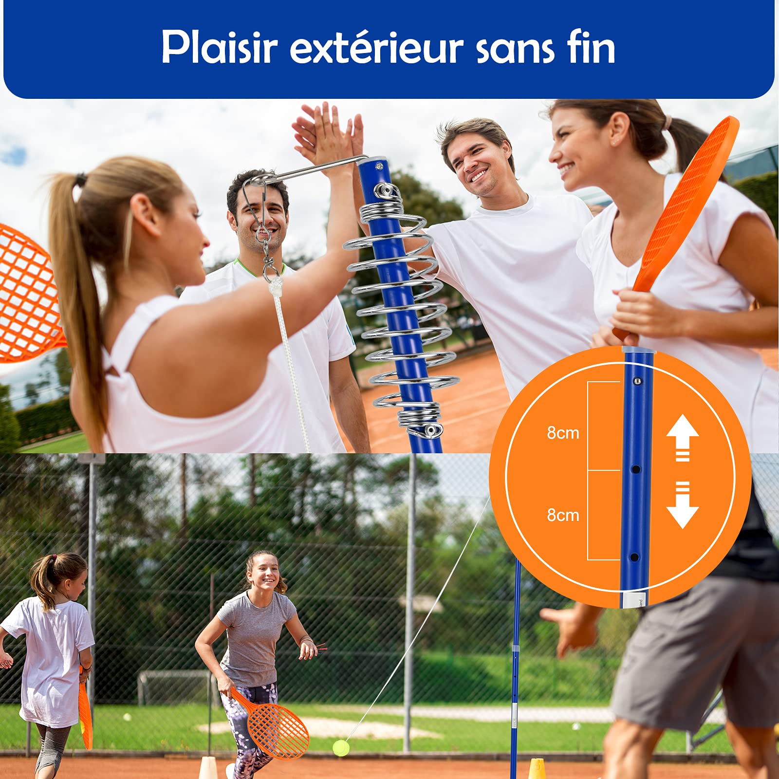 COSTWAY Twistball Pack de Speed-Ball Mobile Mains Libres Hauteur Réglable sur 3 Niveaux 124-139 cm avec Balle 2 Raquettes Jeu Familial pour Enfants Plage Cour et Pelouse