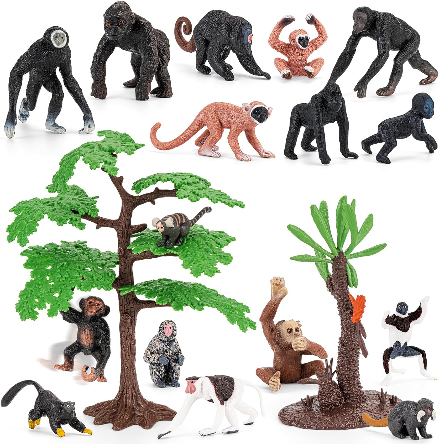 16PCS Apes & Monkey and Tree Toys, Mini Animal Figurines Toys for Kids Include Orangutan, Tamarin, Lemur, Chimpanzee, Squirrel, for School Projects, Valentine's Day Gifts for Kids