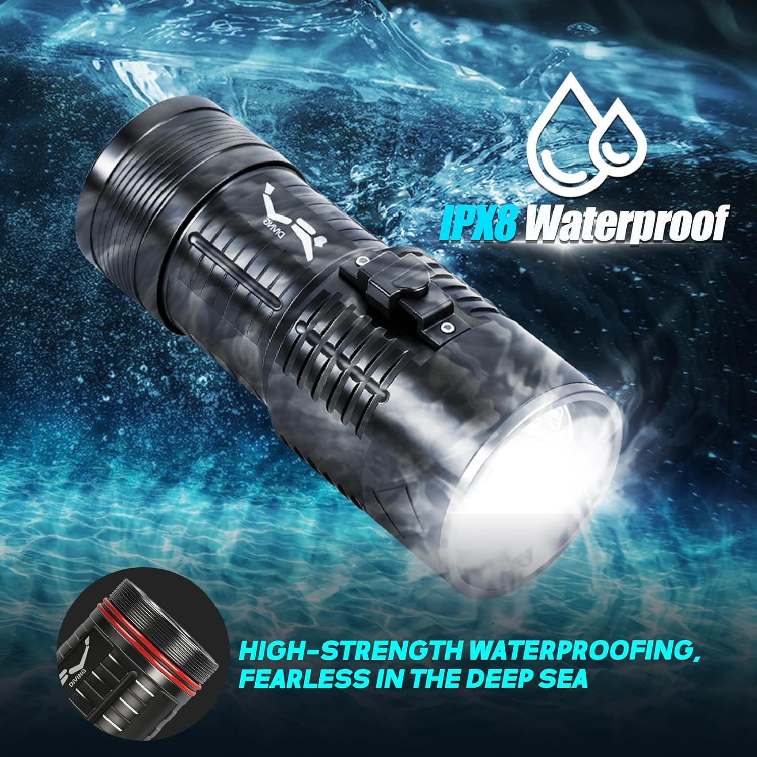 D026 Dive Light, 2000 Lumens, 6 Degrees Narrow Beam Angle, Push Type Magnetic Switch, 2 Lighting Modes, with Battery Indicator, for Underwater 200 Meters Diving