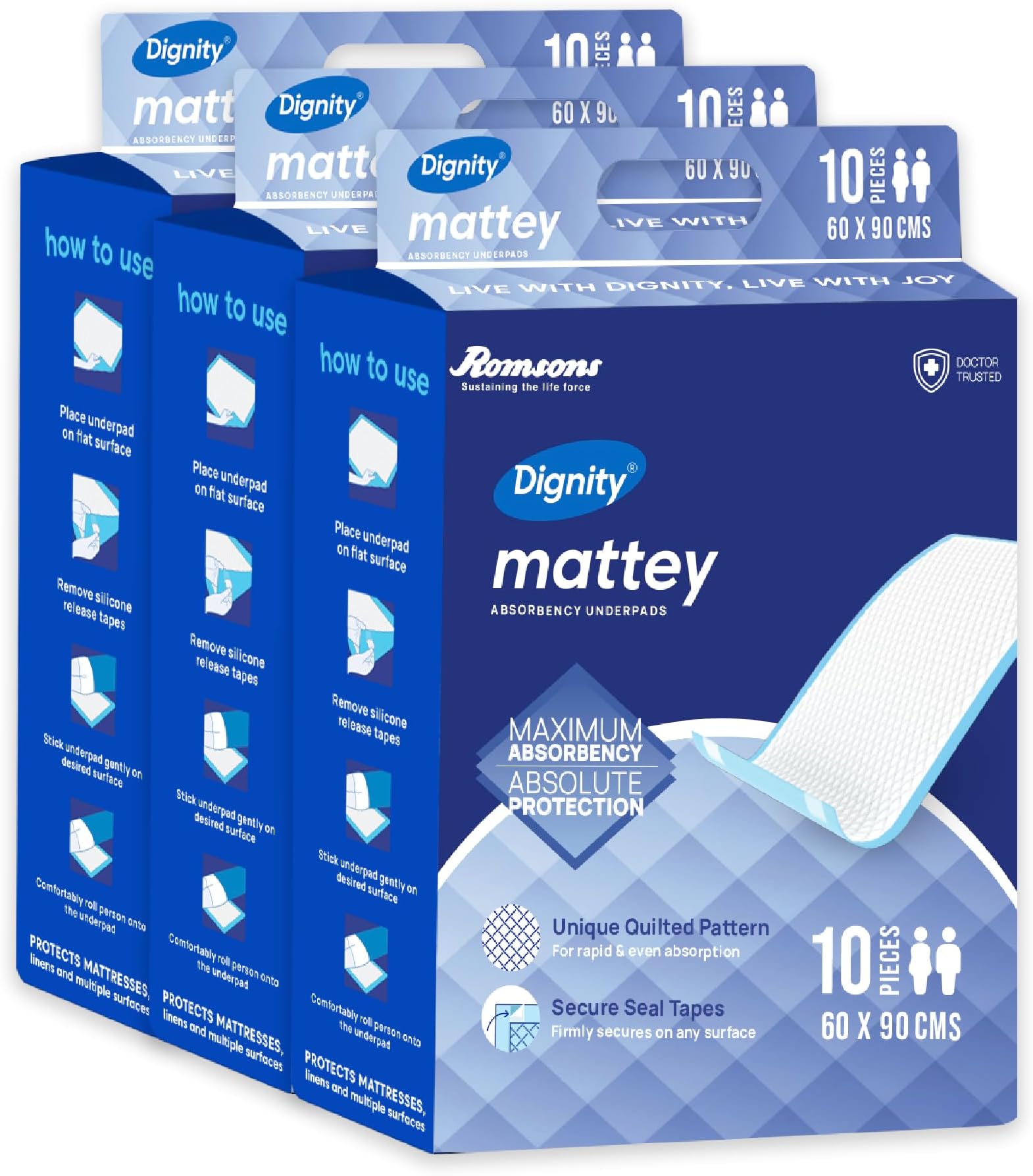 Dignity Mattey Underpads 10 Pcs, Size 60 * 90cm (Pack of 3)