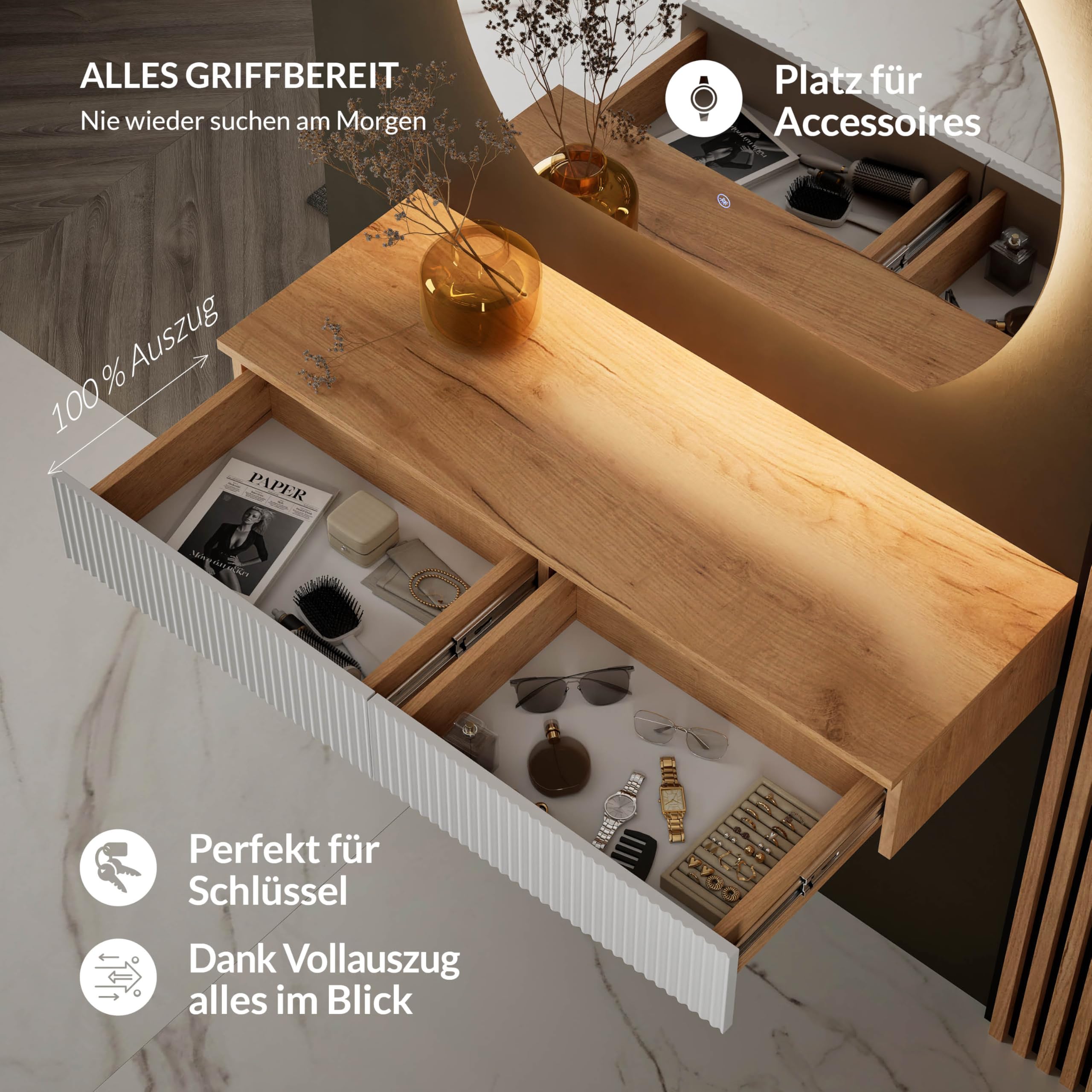 Planetmöbel Set di Guardaroba per Ingresso con Consolle 100 cm incluso Specchio con Illuminazione Semicircolare, Consolle da Parete 100 x 16 x 35 cm (Rovere Dorato/Bianco), Specchio da Parete Aube 80