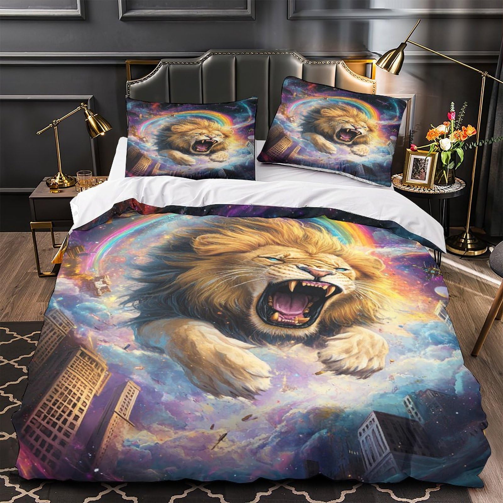 Parure housse de couette lion 3D finition microfibre premium