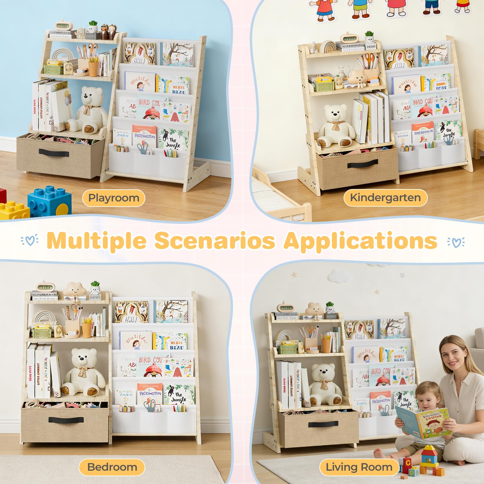 Scaffale per bambini con organizer per giocattoli 2 in 1 - Libreria in legno e tessuto con 4 scomparti, cassetto e tasche portapenne, scaffale sicuro per bambini, altezza 68 cm, per cameretta