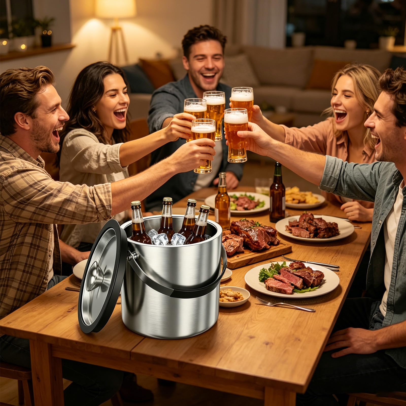 Contenitore per cubetti di ghiaccio, 2 l, con coperchio, in acciaio inox con clip e colino, perfetto per raffreddare bevande, birra, adatto per la Coppa del Mondo 2026