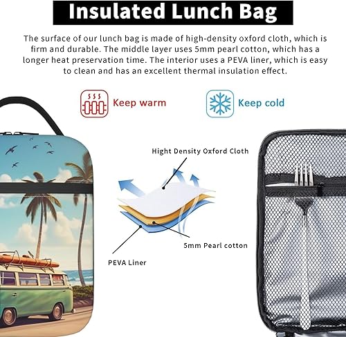 Miniatura 5 de Bolsa de almuerzo reutilizable con estampado de autobús de playa, lonchera portátil, lonchera aislada, a prueba de fugas, bolsa de almuerzo para